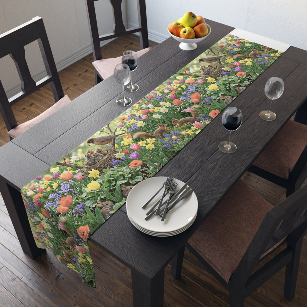 Spring Garden Birds Table Runner / Floral Tulip & Daffodil Dining Decor