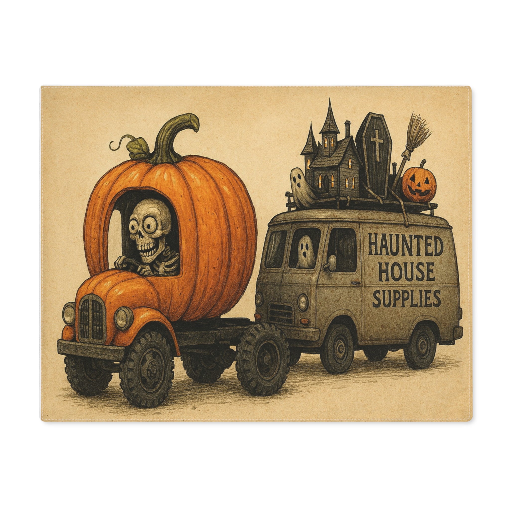Halloween Placemat — Pumpkin Truck & 'Haunted House Supplies' Skeleton Design