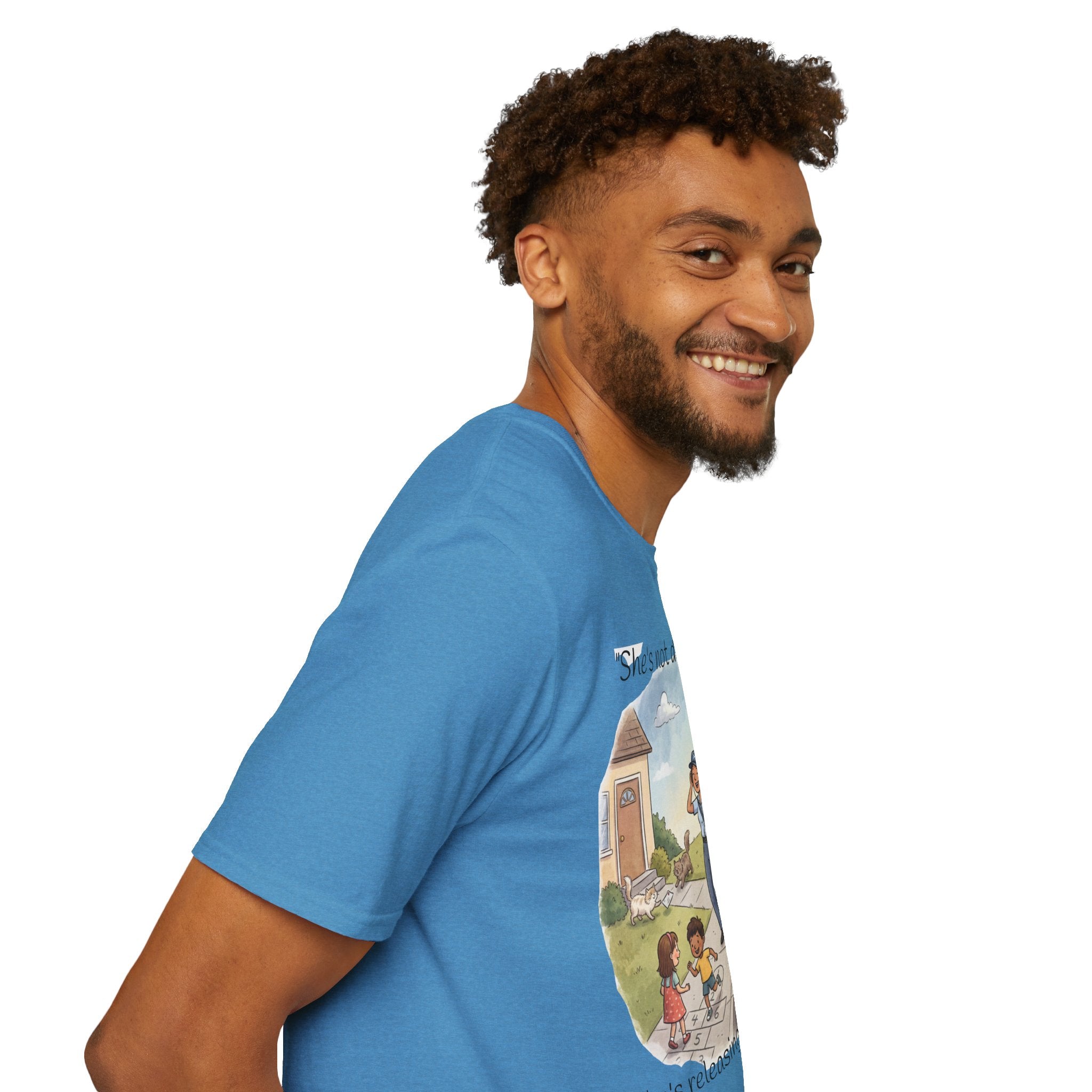 T‑Shirt – "She’s not delivering mail, she’s delivering a little wind" Cute Postal Worker Illustration Tee