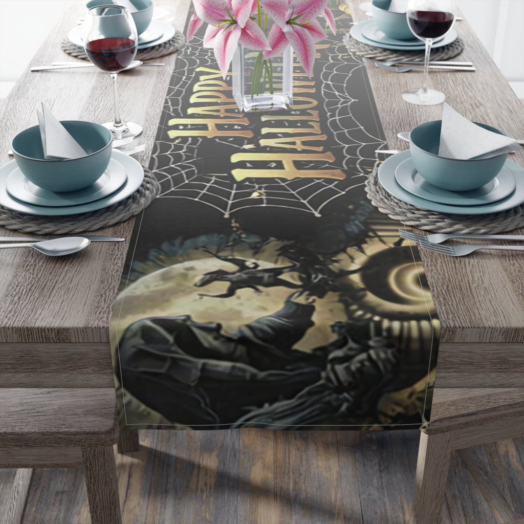 Halloween Spiderweb Table Runner | Full Moon, Bats & Vintage Illustration – Spooky Table Decor