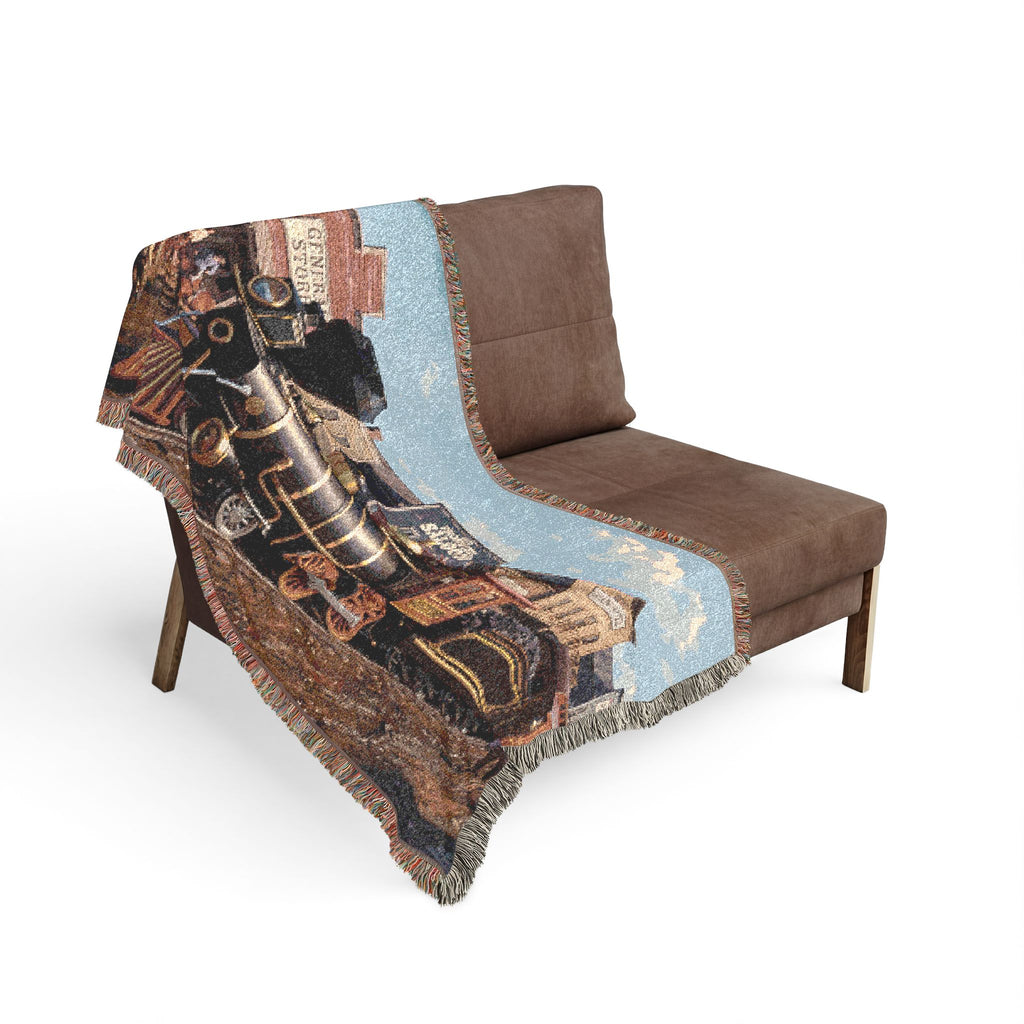 Vintage Steam Locomotive Woven Blanket | Western Town Train Throw