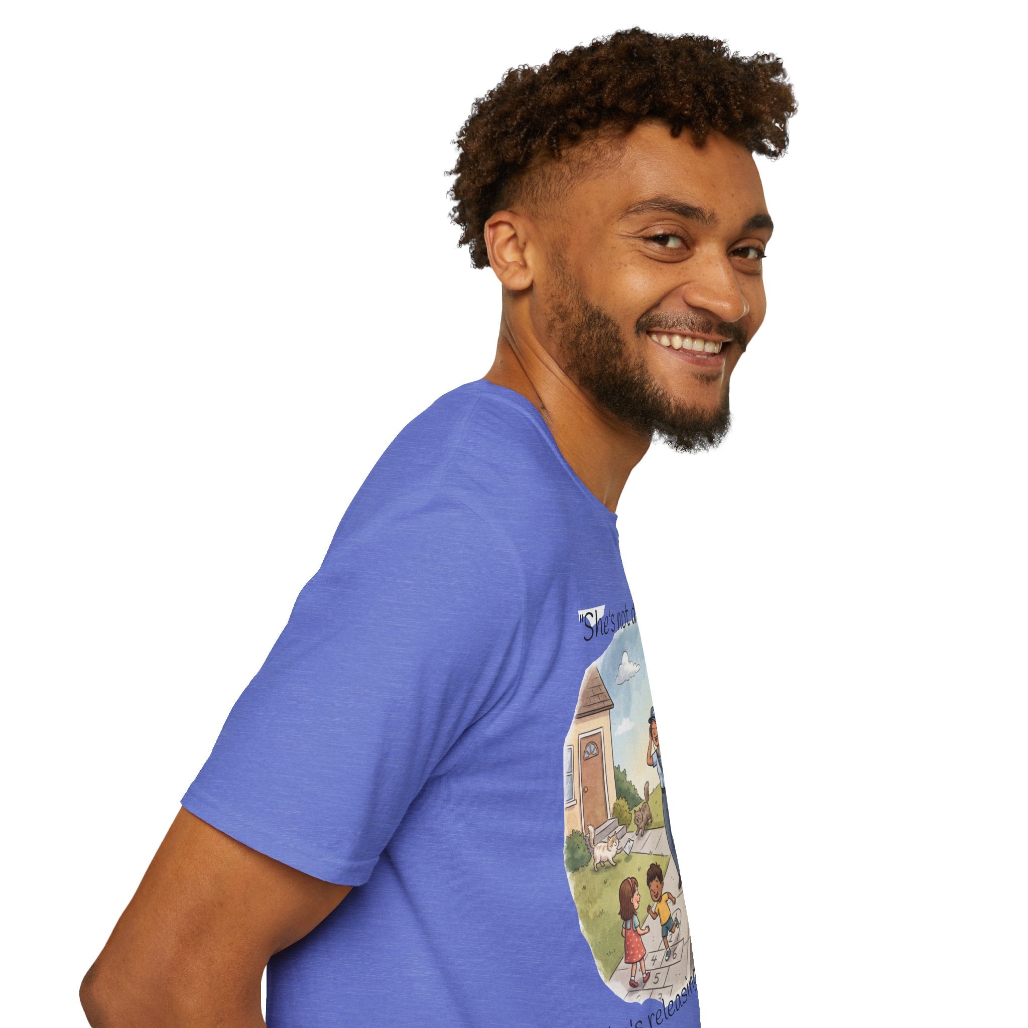 T‑Shirt – "She’s not delivering mail, she’s delivering a little wind" Cute Postal Worker Illustration Tee