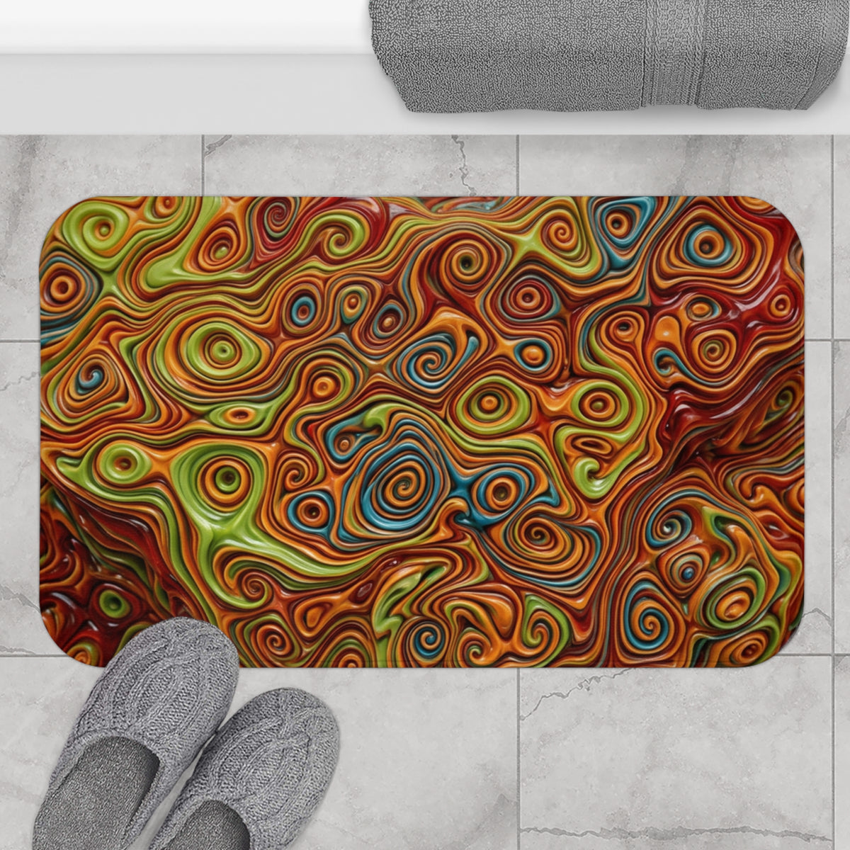 Abstract Swirl Pattern Bath Mat | Psychedelic Orange & Green Bath Mat