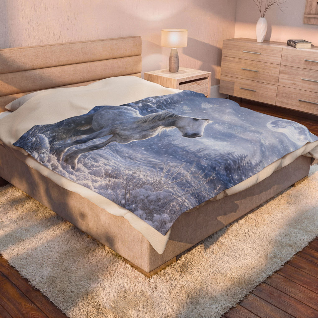 White Horse Winter Moon Velveteen Plush Blanket | Fantasy Forest Print