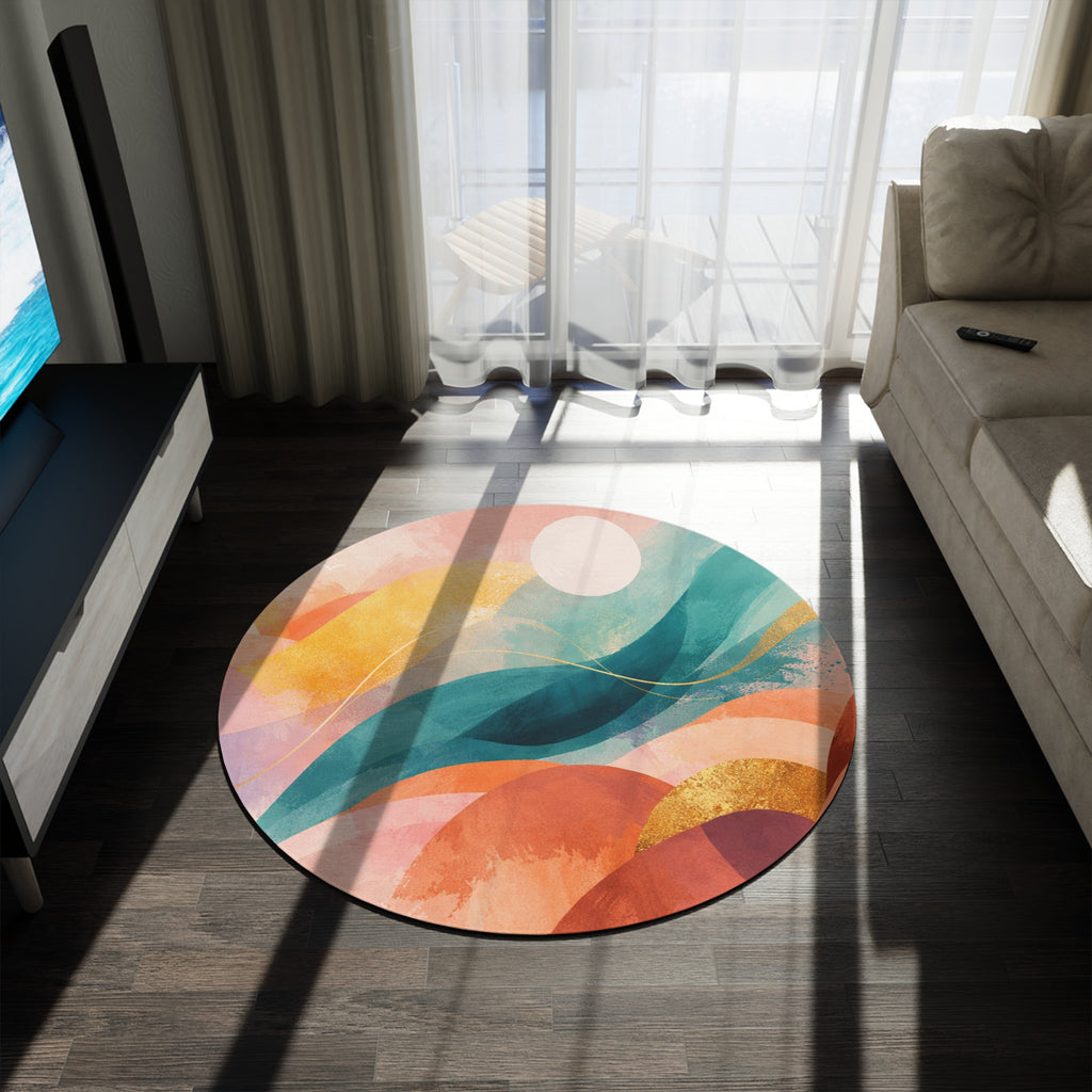 Abstract Sunset Waves Round Rug | Boho Coastal Art Floor Mat