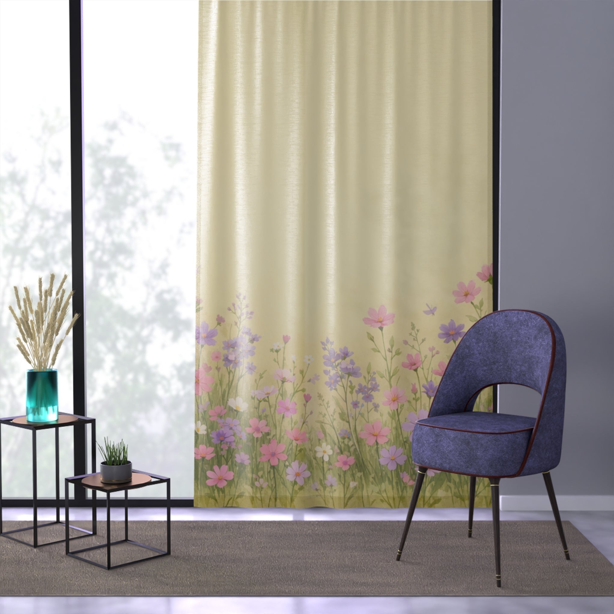 Floral Meadow Sheer Window Curtain /Soft Pink & Lavender Wildflower Design