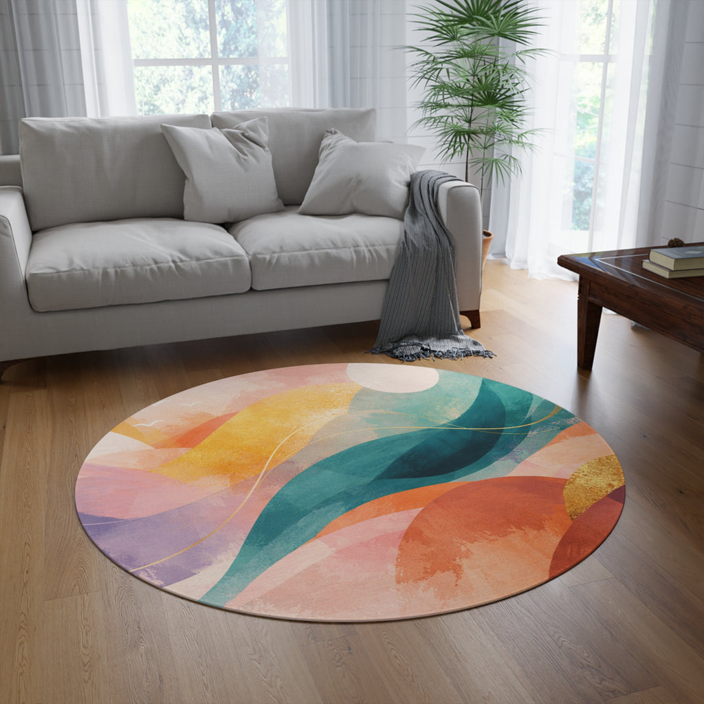 Abstract Sunset Waves Round Rug | Modern Boho Floor Decor