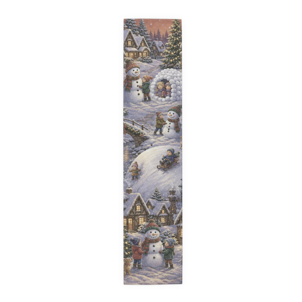 Storybook Snowman Village Table Runner, Winter Wonderland Cotton Poly