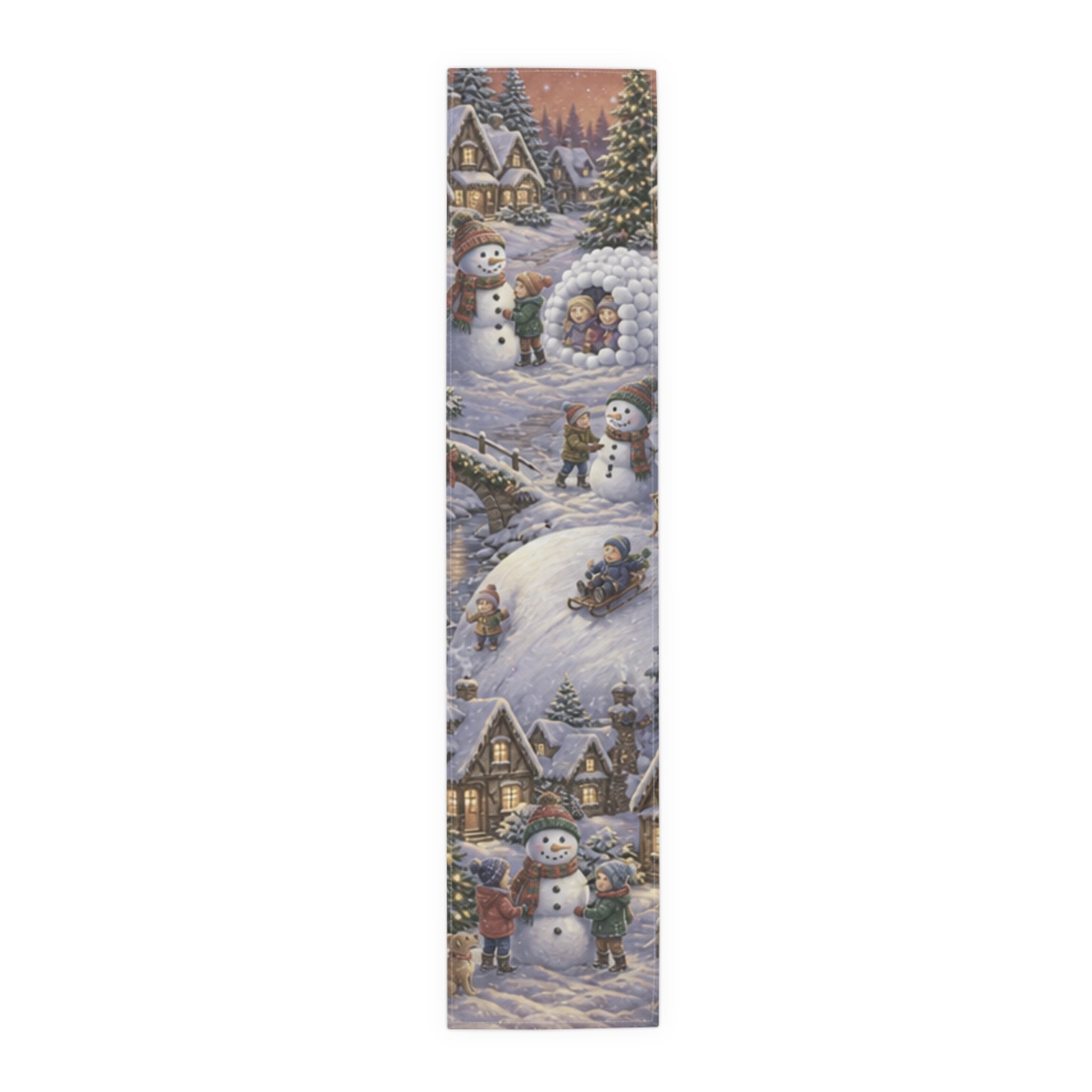 Storybook Snowman Village Table Runner, Winter Wonderland Cotton Poly