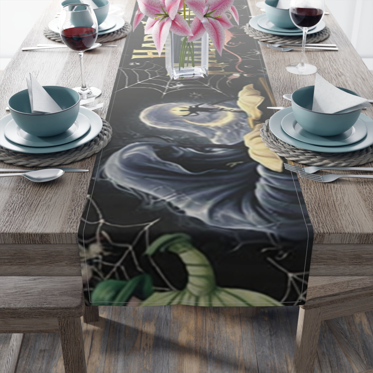 Happy Halloween Table Runner | Glowing Moon, Bats & Spiderwebs – Seasonal Table Decor