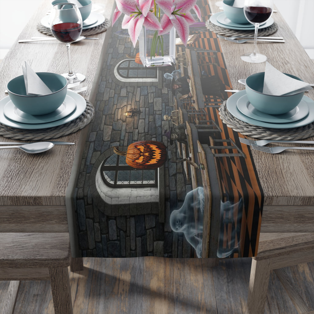Haunted Library Table Runner | Shadowed Books, Vintage Bottles & Gothic Scene – Halloween Decor