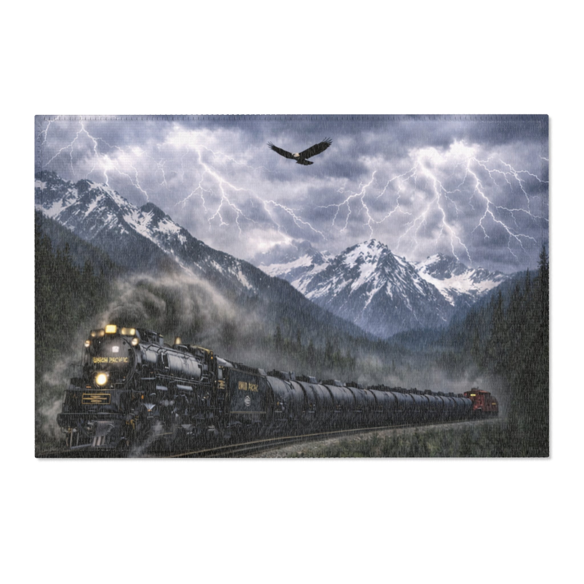 Steam Train Countryside Area Rug | Snowy Mountains, Eagle, Lightning