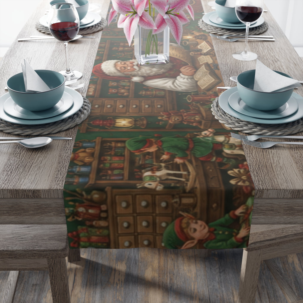 Santas Workshop Scene Table Runner | Santa, Elves & Reindeer Holiday Decor