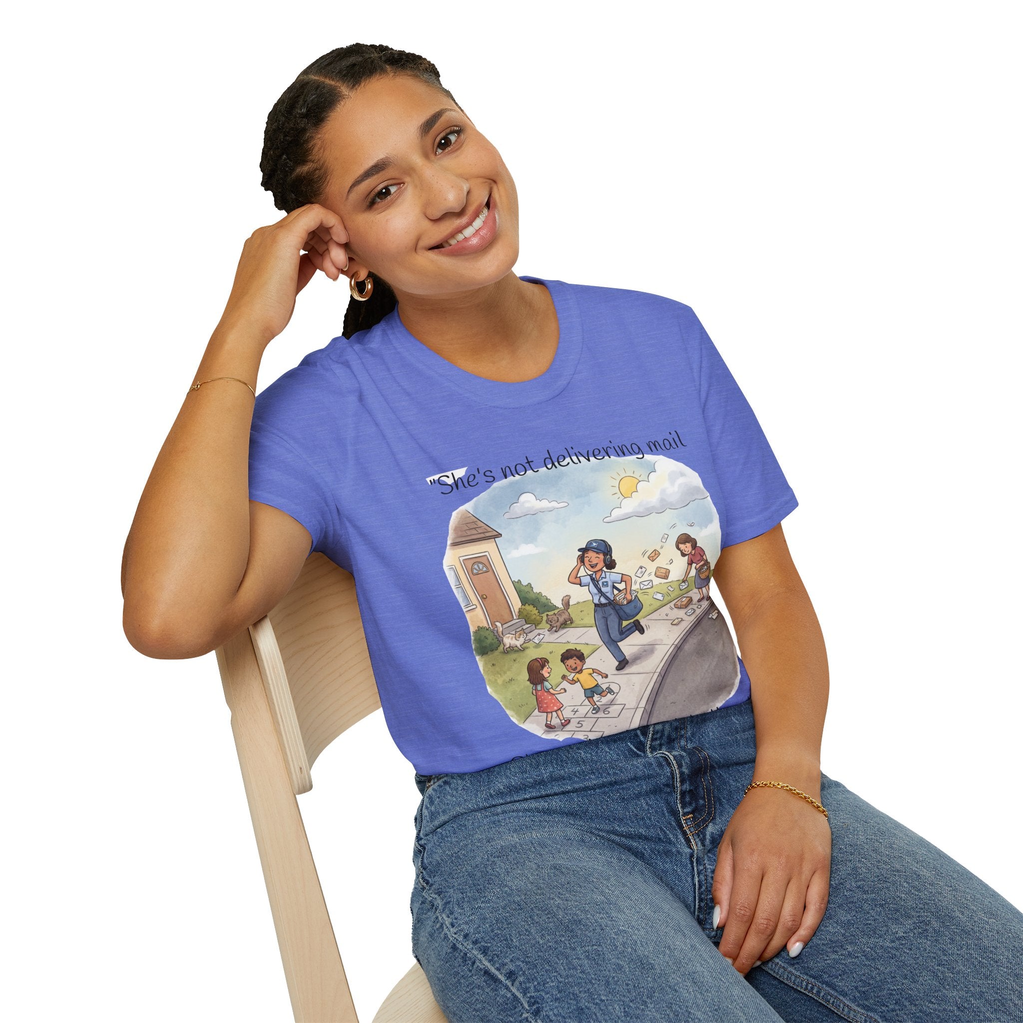 T‑Shirt – "She’s not delivering mail, she’s delivering a little wind" Cute Postal Worker Illustration Tee