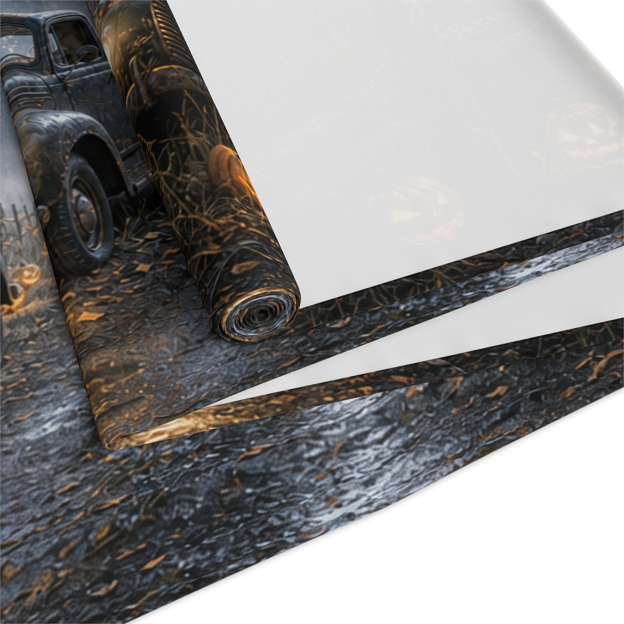 Spooky Truck Halloween Table Runner | Pumpkin Lined Road, Full Moon