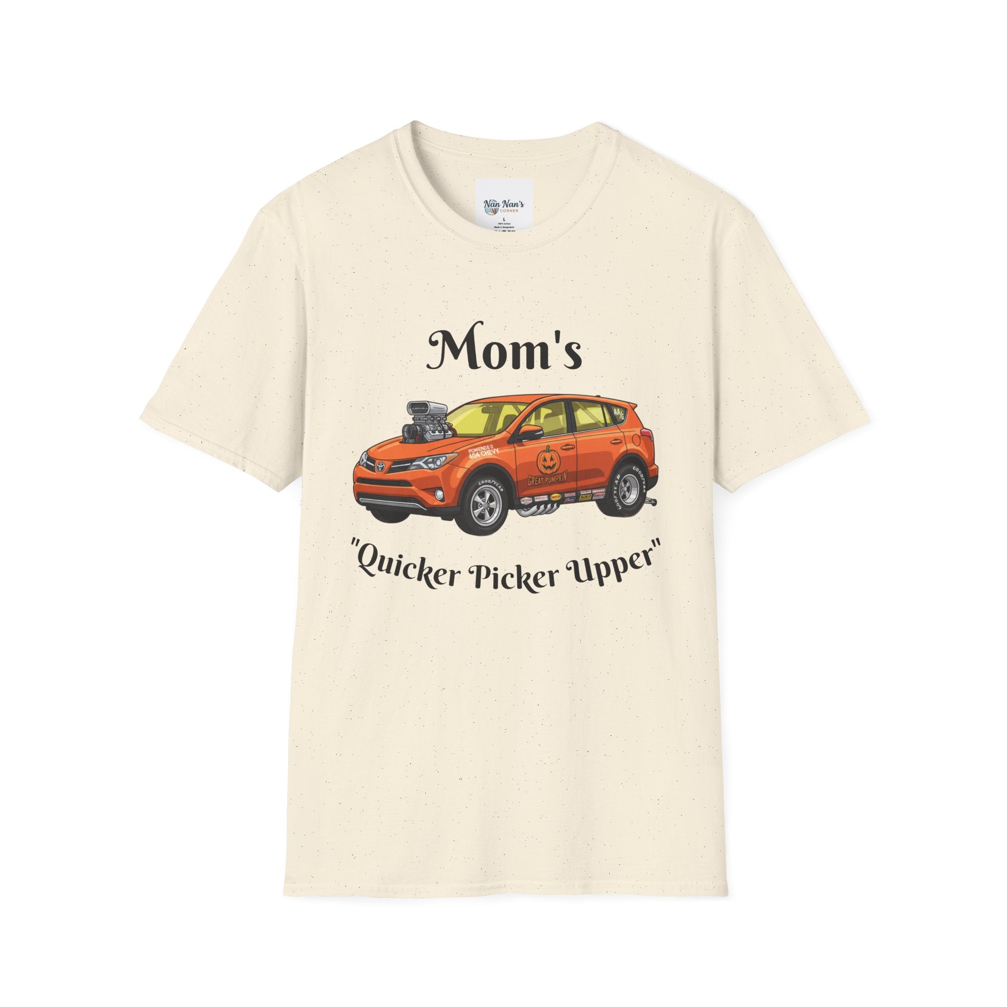 Car Enthusiast T-Shirt — Orange Hot Rod SUV Graphic with “Quicker Picker Upper”