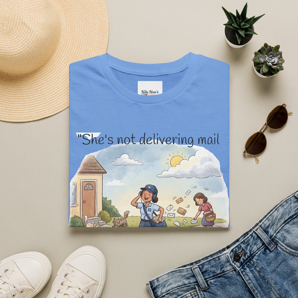 T‑Shirt – "She’s not delivering mail, she’s delivering a little wind" Cute Postal Worker Illustration Tee