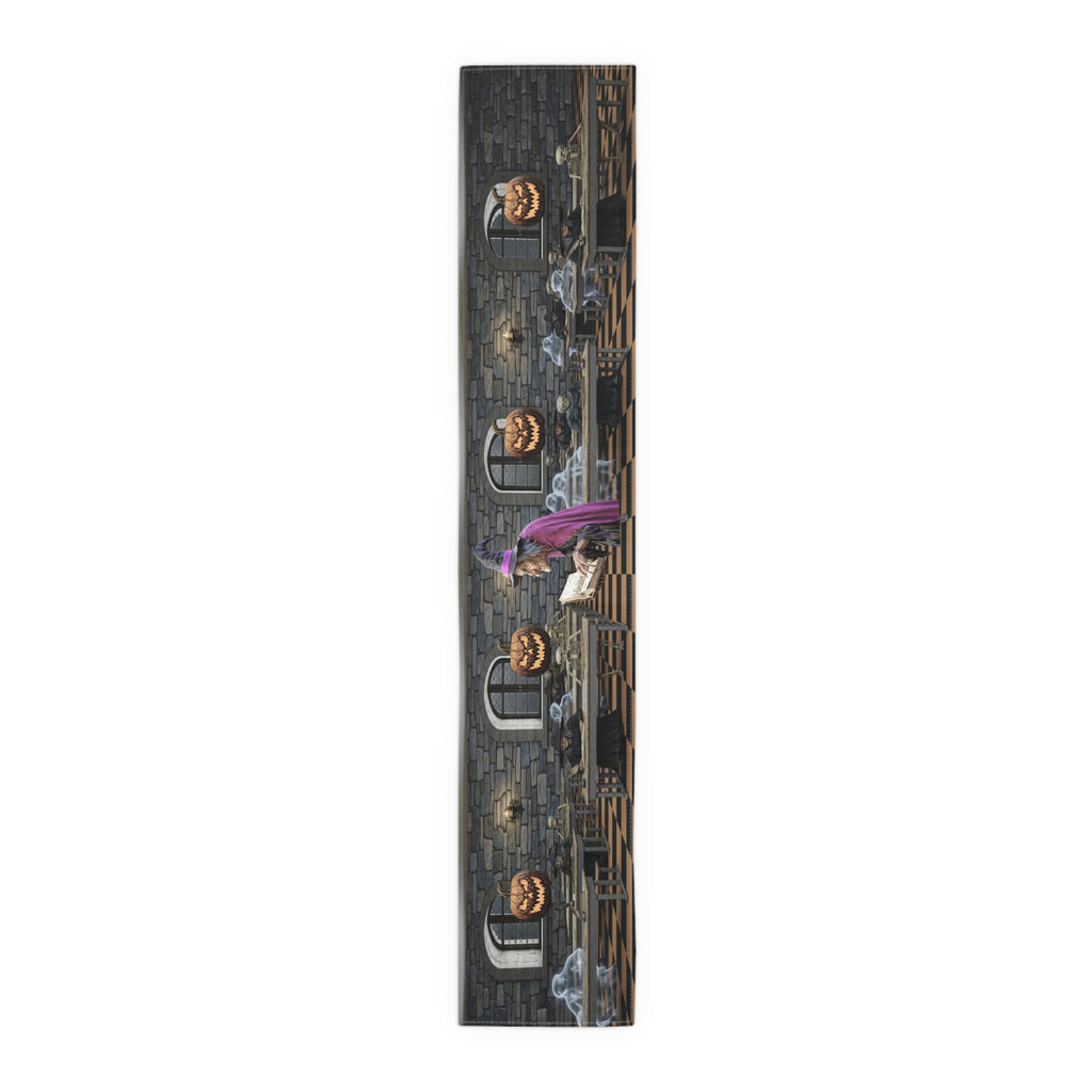 Haunted Library Table Runner | Shadowed Books, Vintage Bottles & Gothic Scene – Halloween Decor