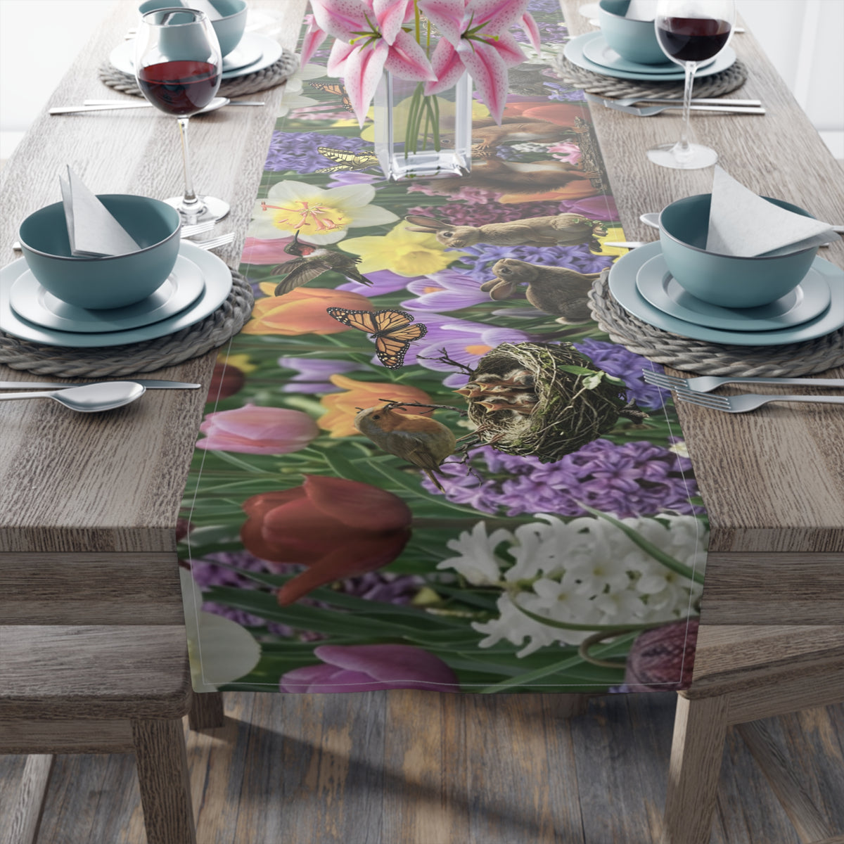 Spring Garden Birds Table Runner | Floral Tulip & Daffodil Dining Decor