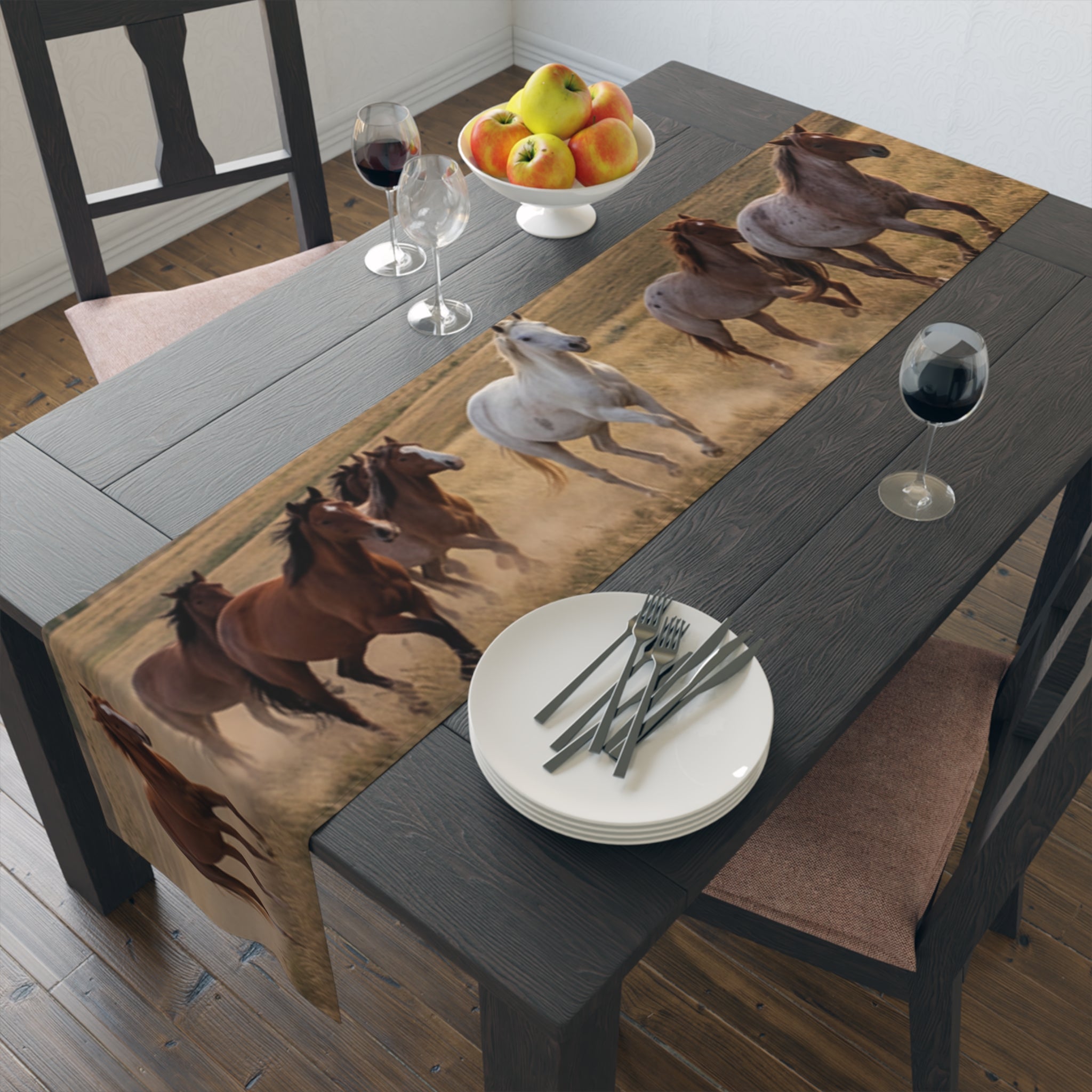Horse Herd Table Runner - Rustic Galloping Horses Cotton-Poly Dining Decor