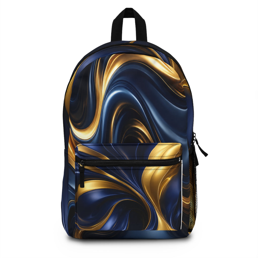 Gold Navy Blue Marble Swirl Backpack | Abstract Metallic Fluid Design