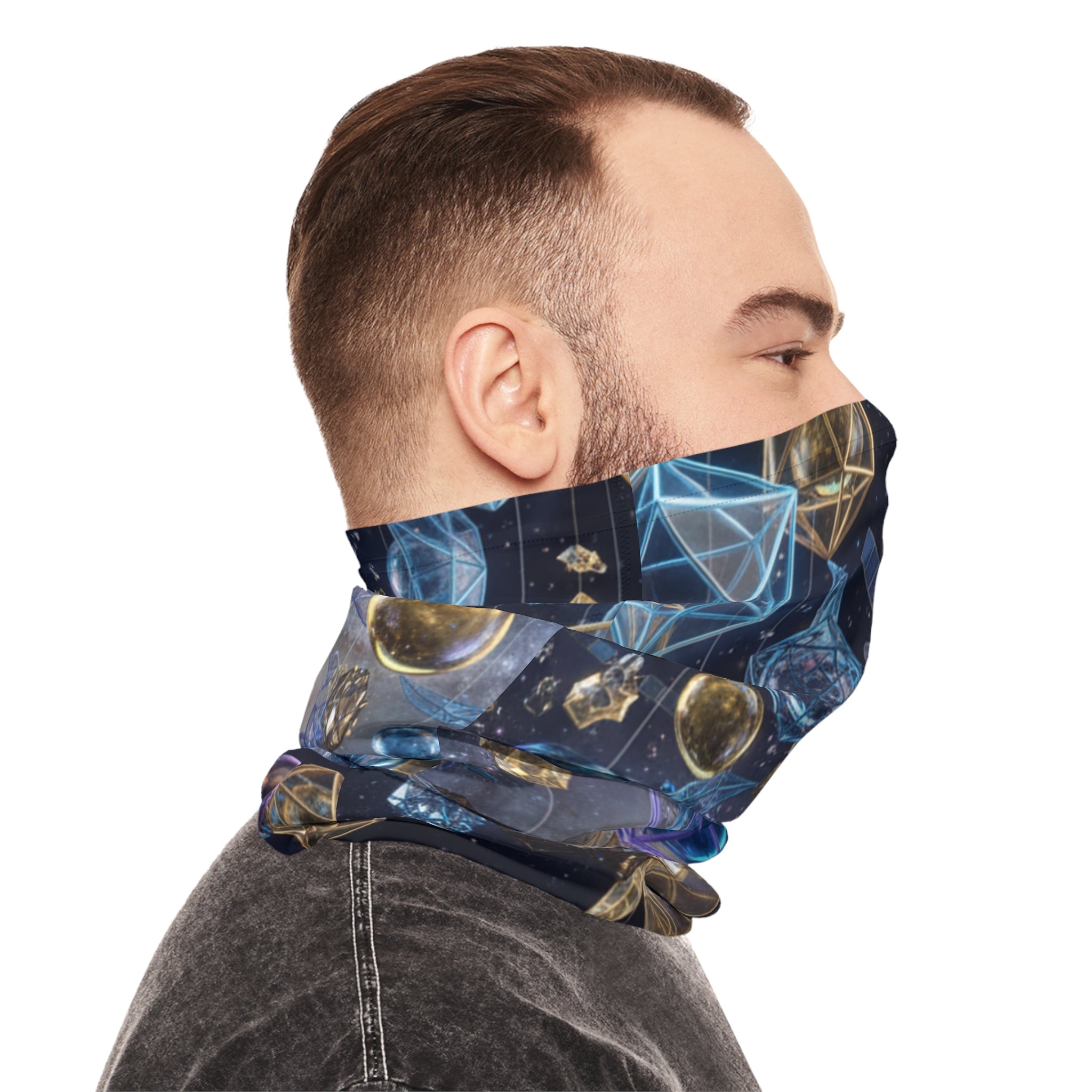 Cosmic Geometry Neck Gaiter | Celestial Moon & Crystal Orbs