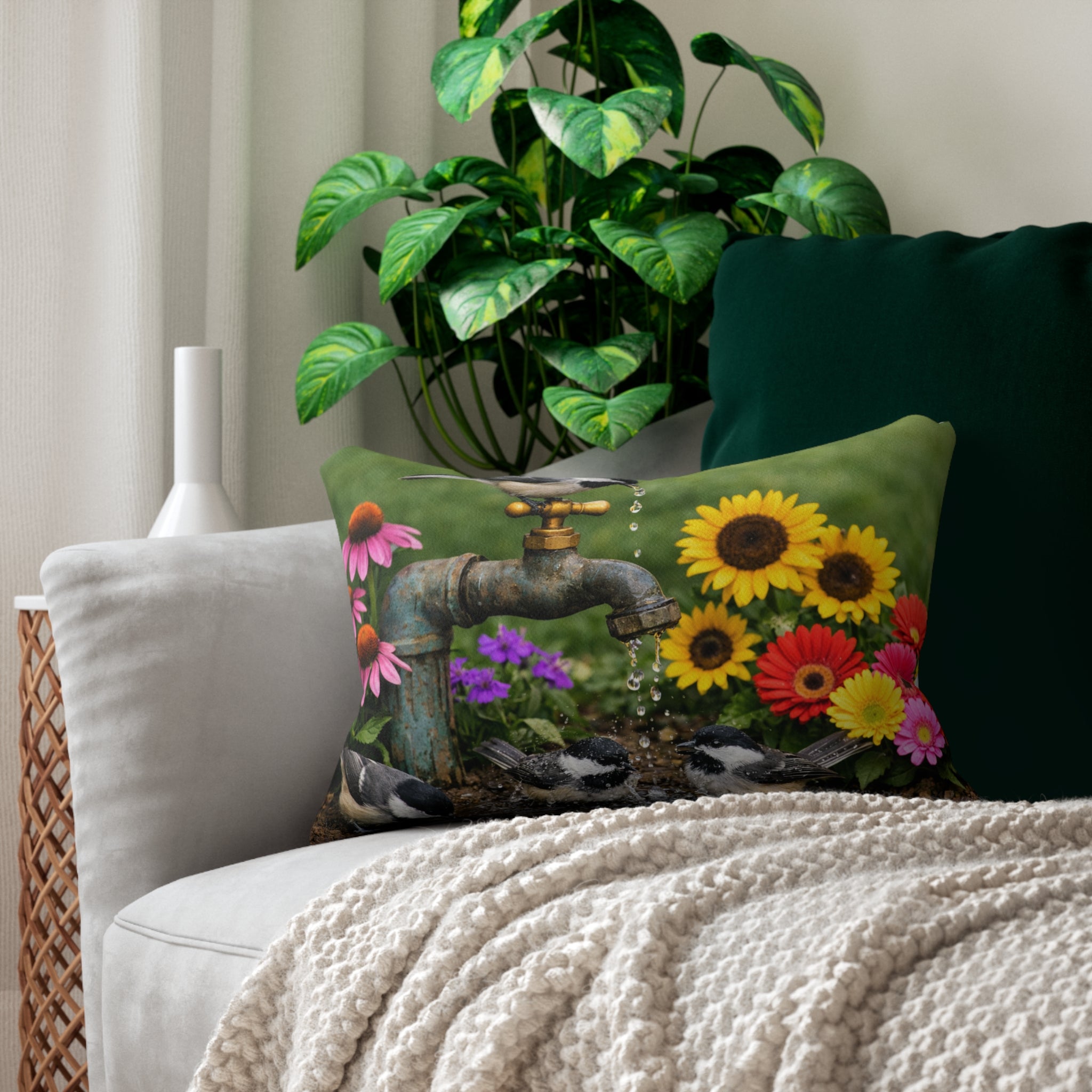 Chickadees at Garden Faucet Lumbar Pillow | Sunflowers & Coneflowers