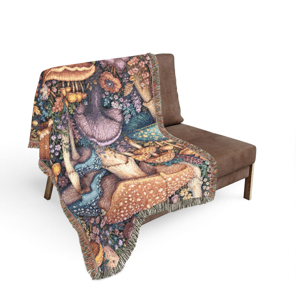 Mushroom Meadow Woven Blanket - Fungi Tapestry Throw