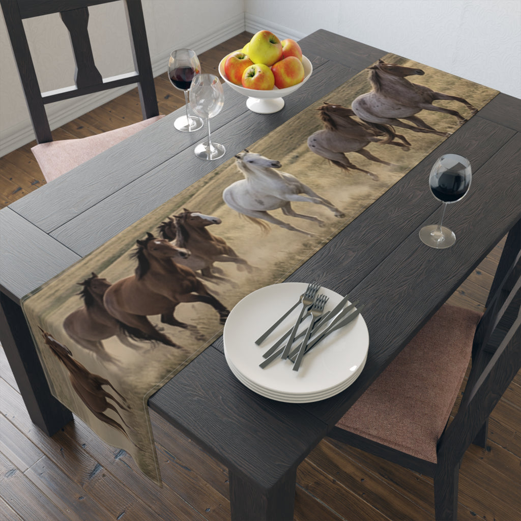 Horse Herd Table Runner - Rustic Galloping Horses Cotton-Poly Dining Decor