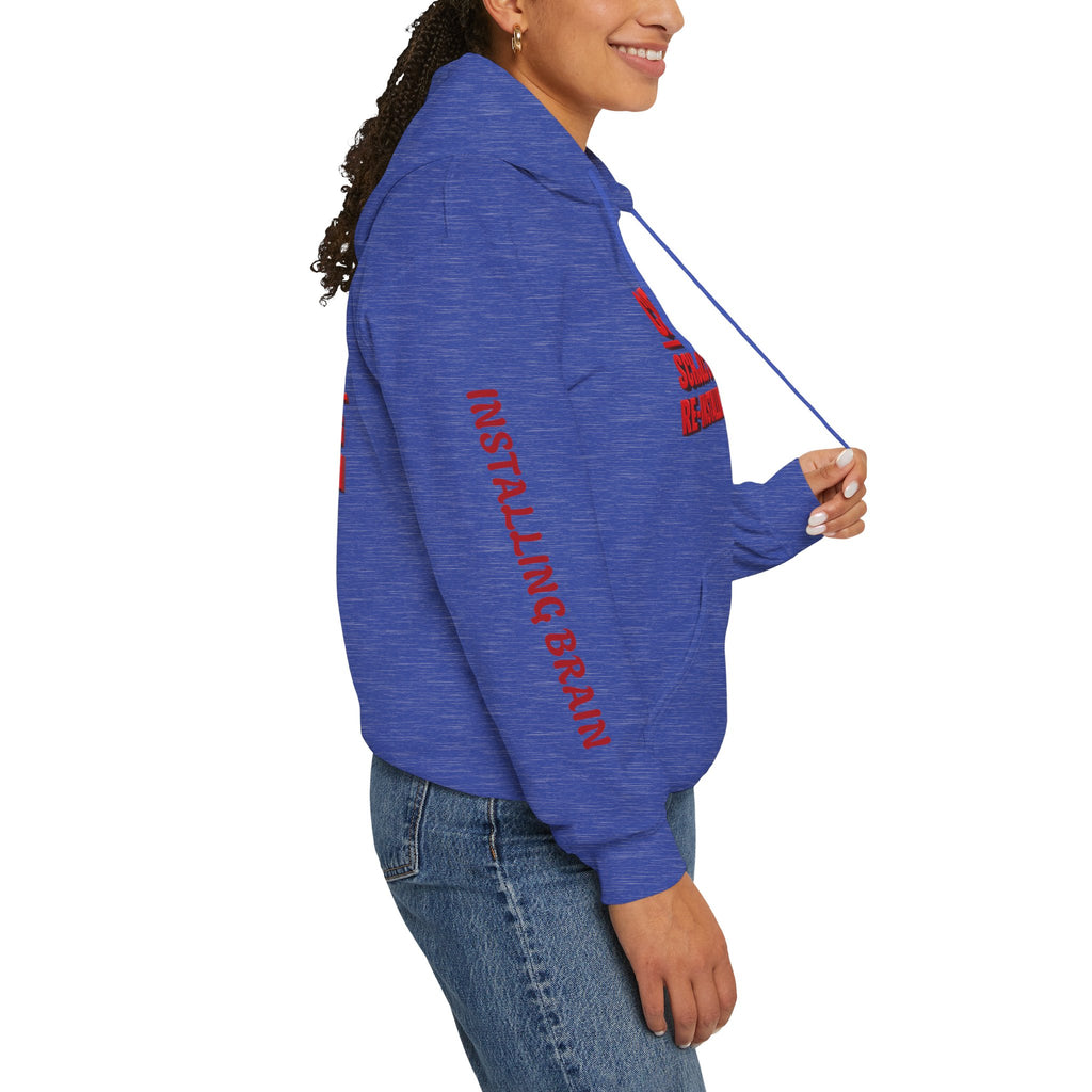Hoodie — "CAUTION: Schools Starting, Re-Installing Brain" Back-to-School Graphic Hoodie