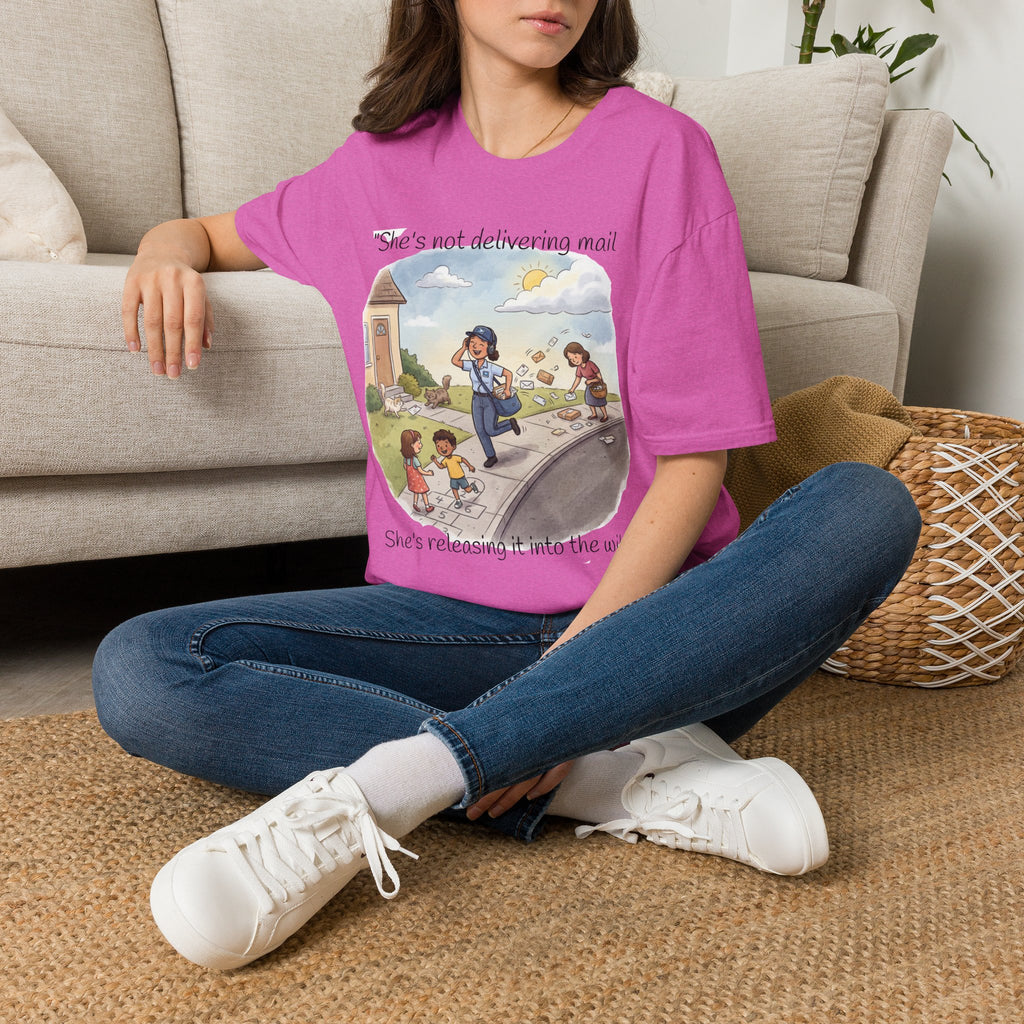T‑Shirt – "She’s not delivering mail, she’s delivering a little wind" Cute Postal Worker Illustration Tee