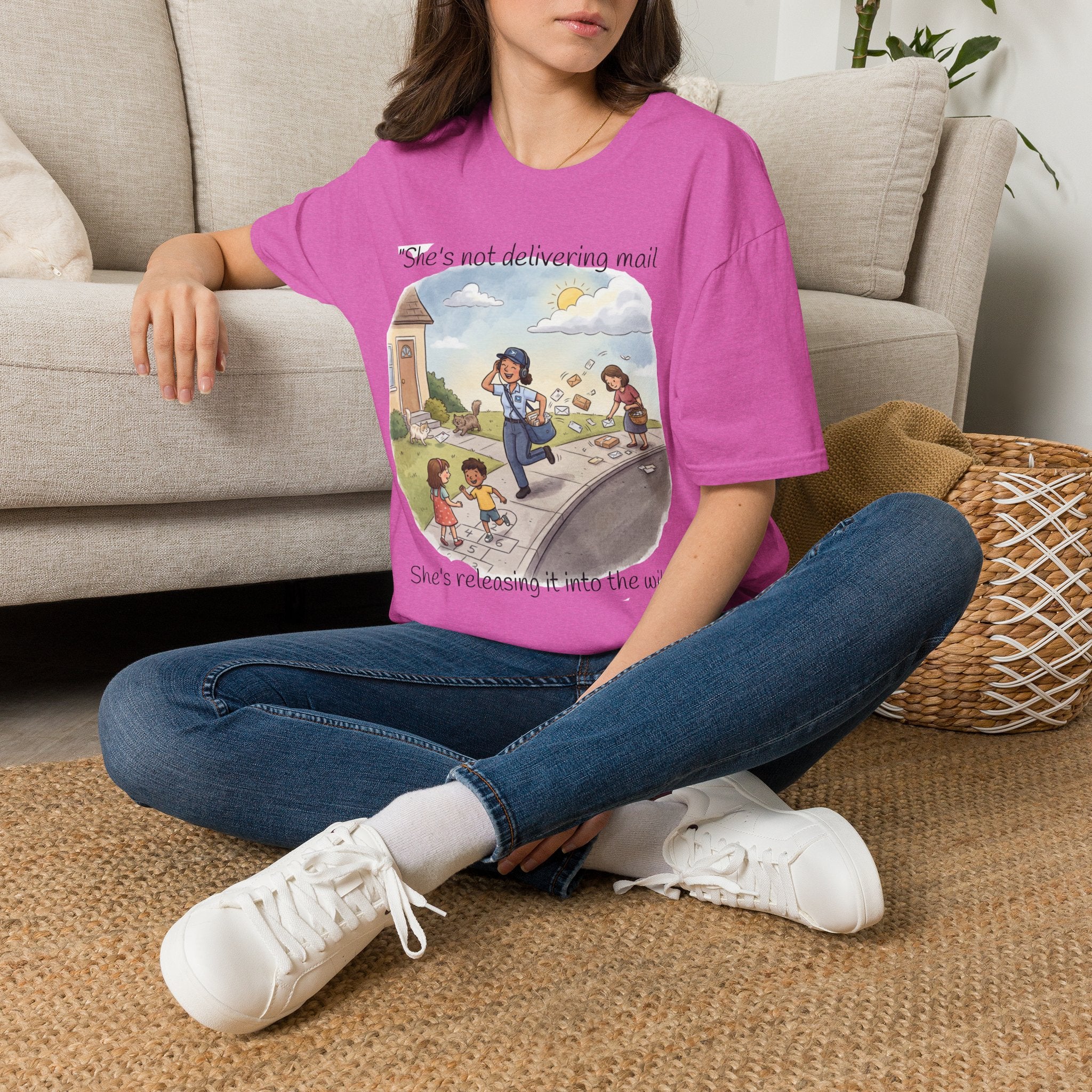 T‑Shirt – "She’s not delivering mail, she’s delivering a little wind" Cute Postal Worker Illustration Tee