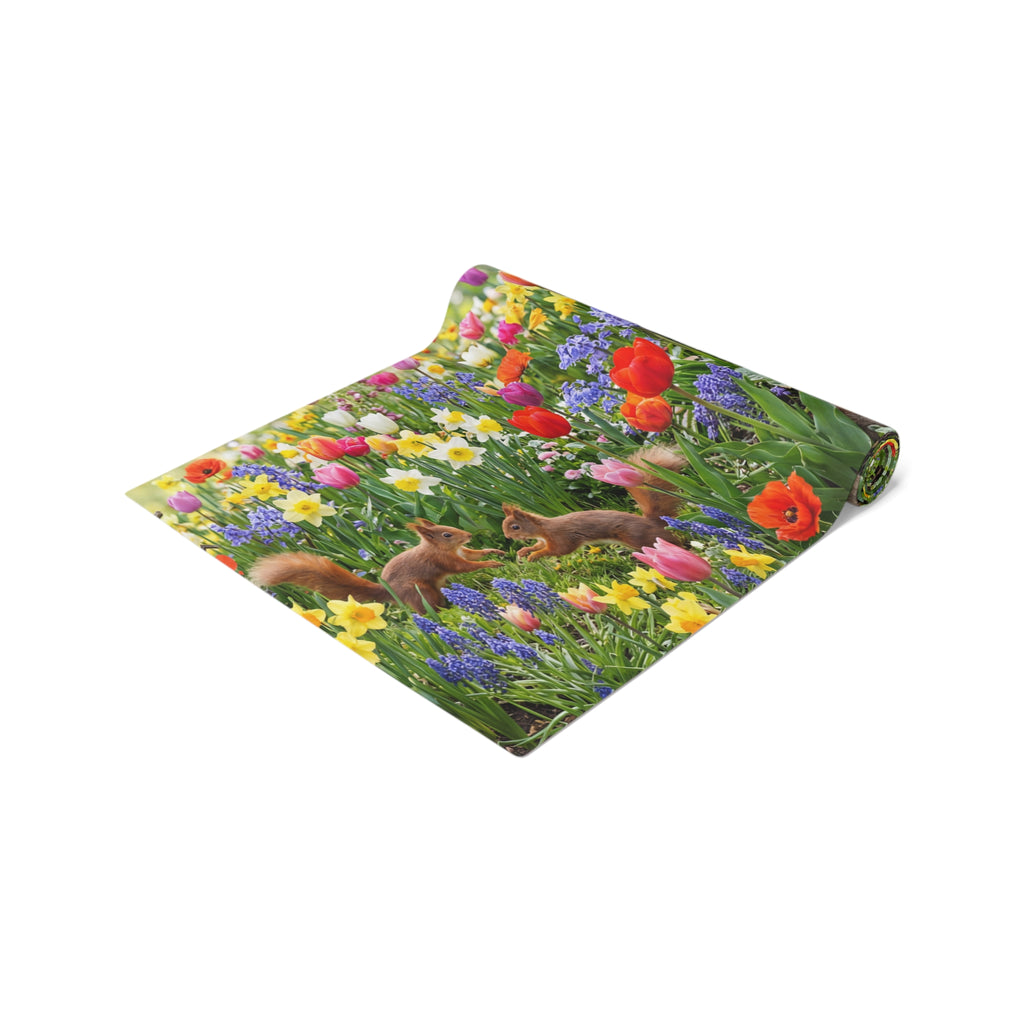 Spring Garden Birds Table Runner / Floral Tulip & Daffodil Dining Decor