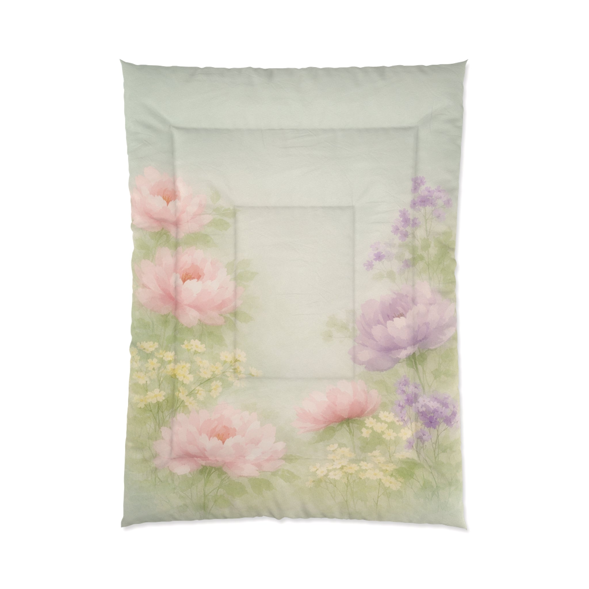 Watercolor Floral Comforter | Pink Peonies, Soft Green Background