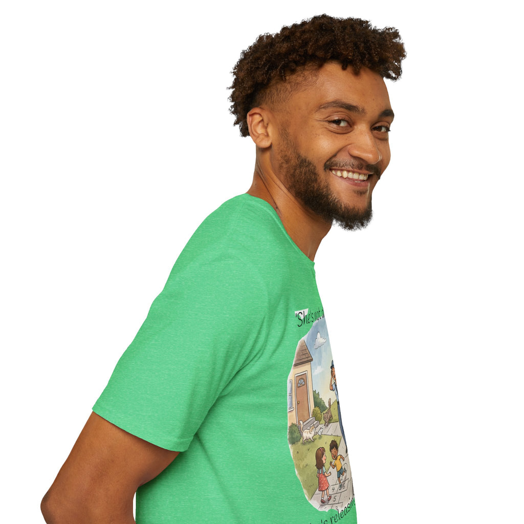 T‑Shirt – "She’s not delivering mail, she’s delivering a little wind" Cute Postal Worker Illustration Tee