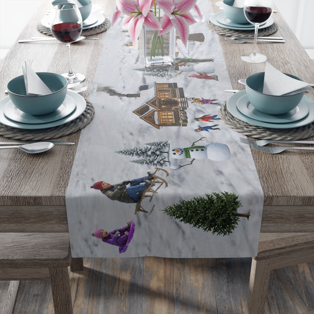 Storybook Snowman Village Table Runner | Winter Wonderland Holiday Decor