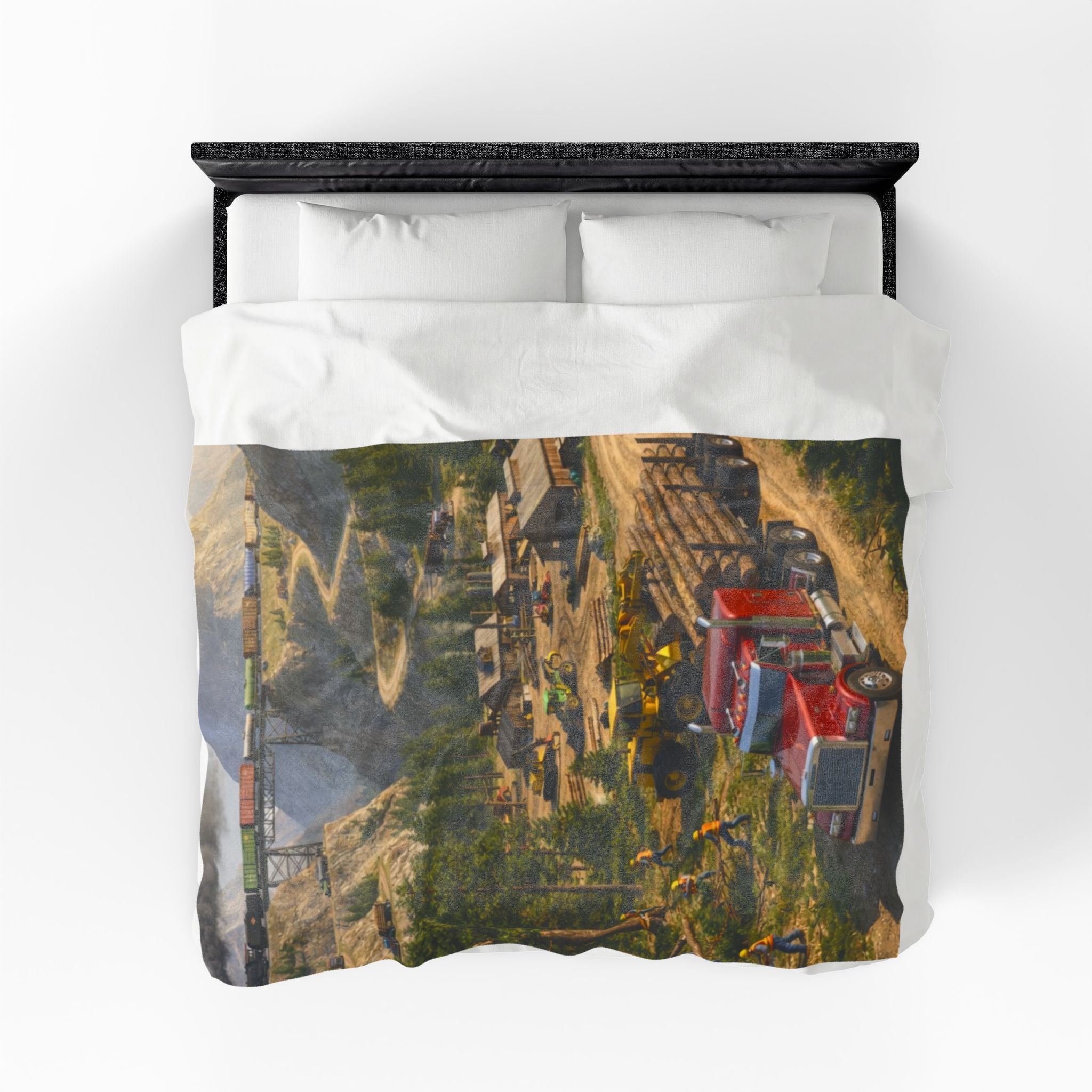Red Tractor Logging Scene Velveteen Plush Blanket | Quarry Train Illustration