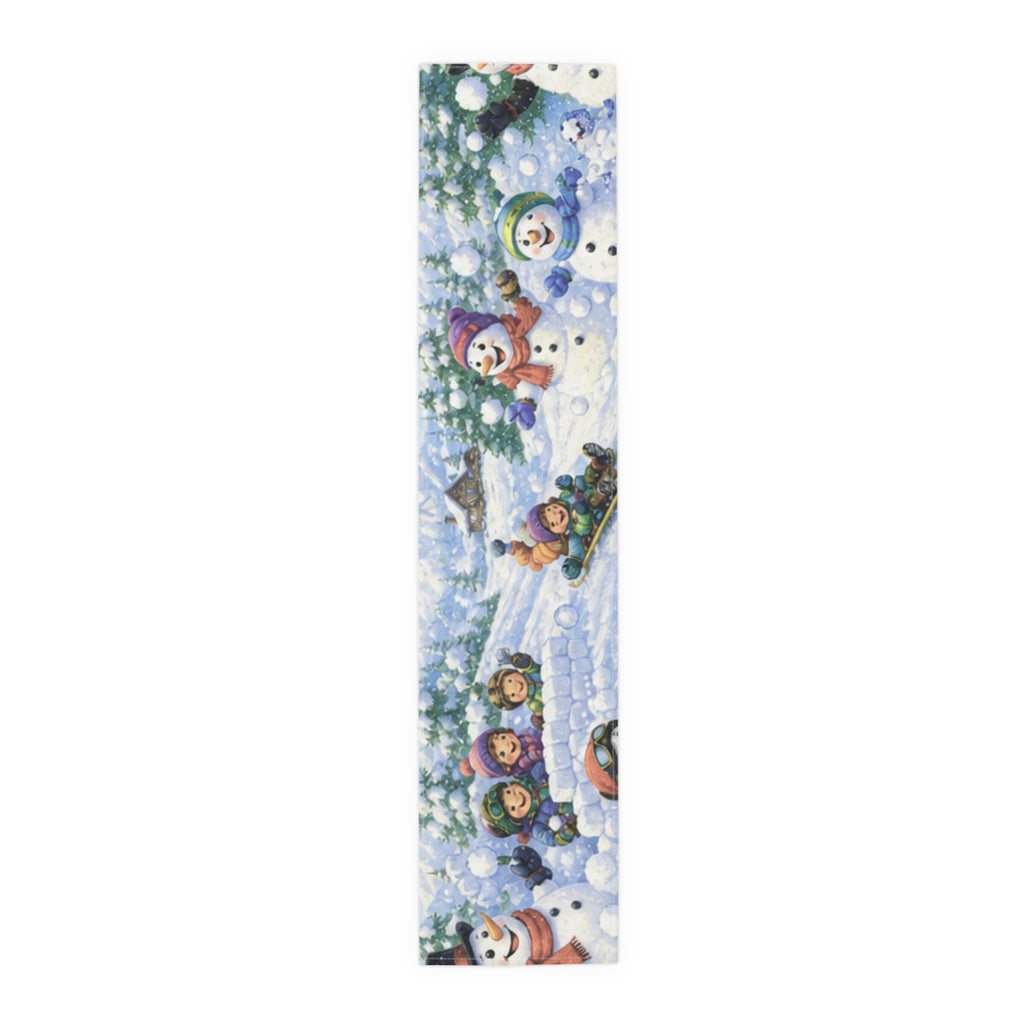 Snowball Fight Snowman Scene Table Runner | Cotton Poly
