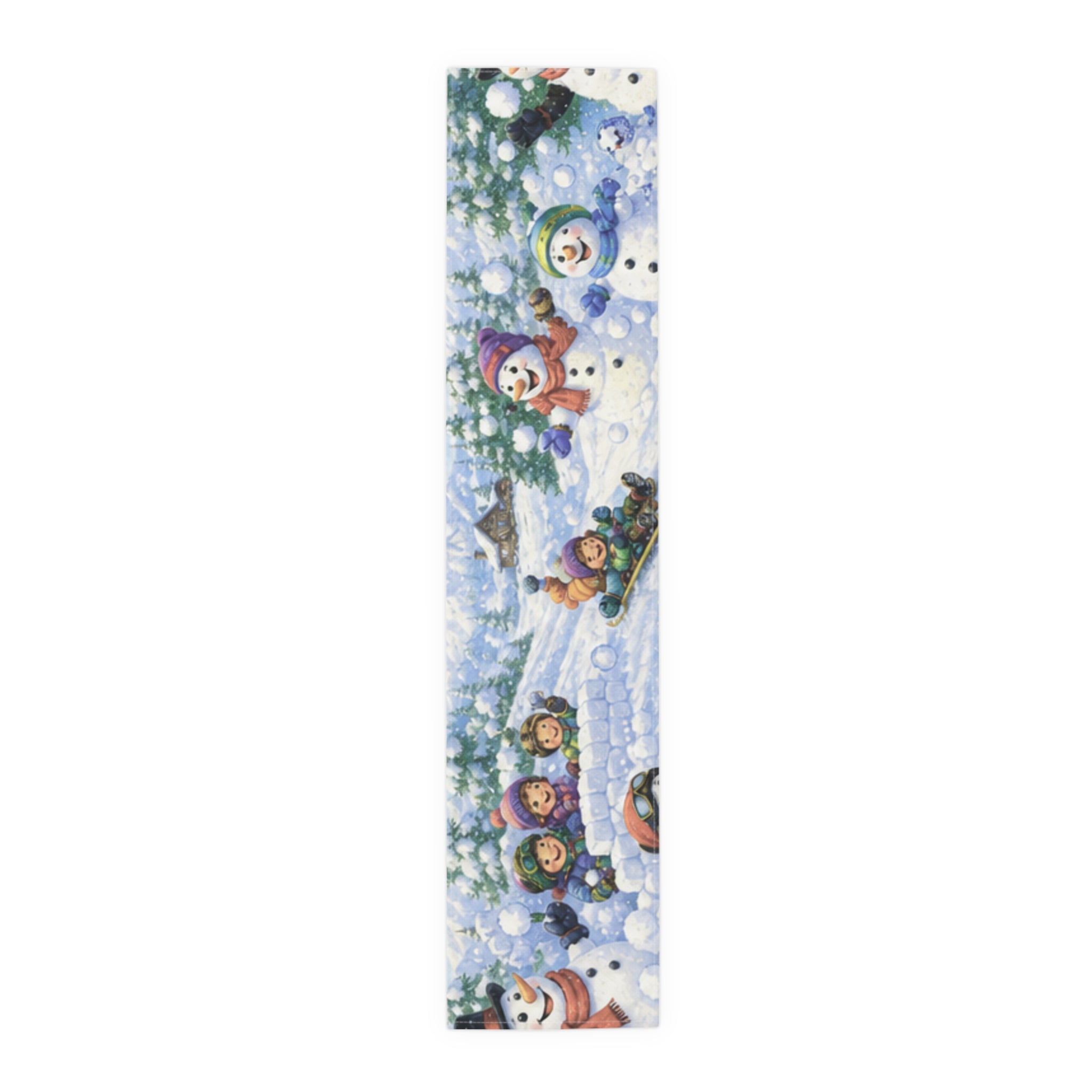 Snowball Fight Snowman Scene Table Runner | Cotton Poly