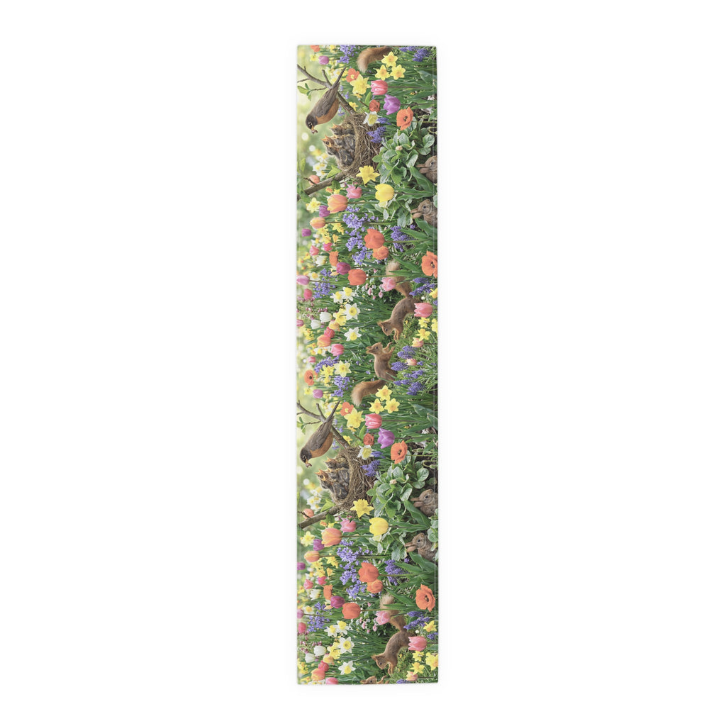 Spring Garden Birds Table Runner / Floral Tulip & Daffodil Dining Decor