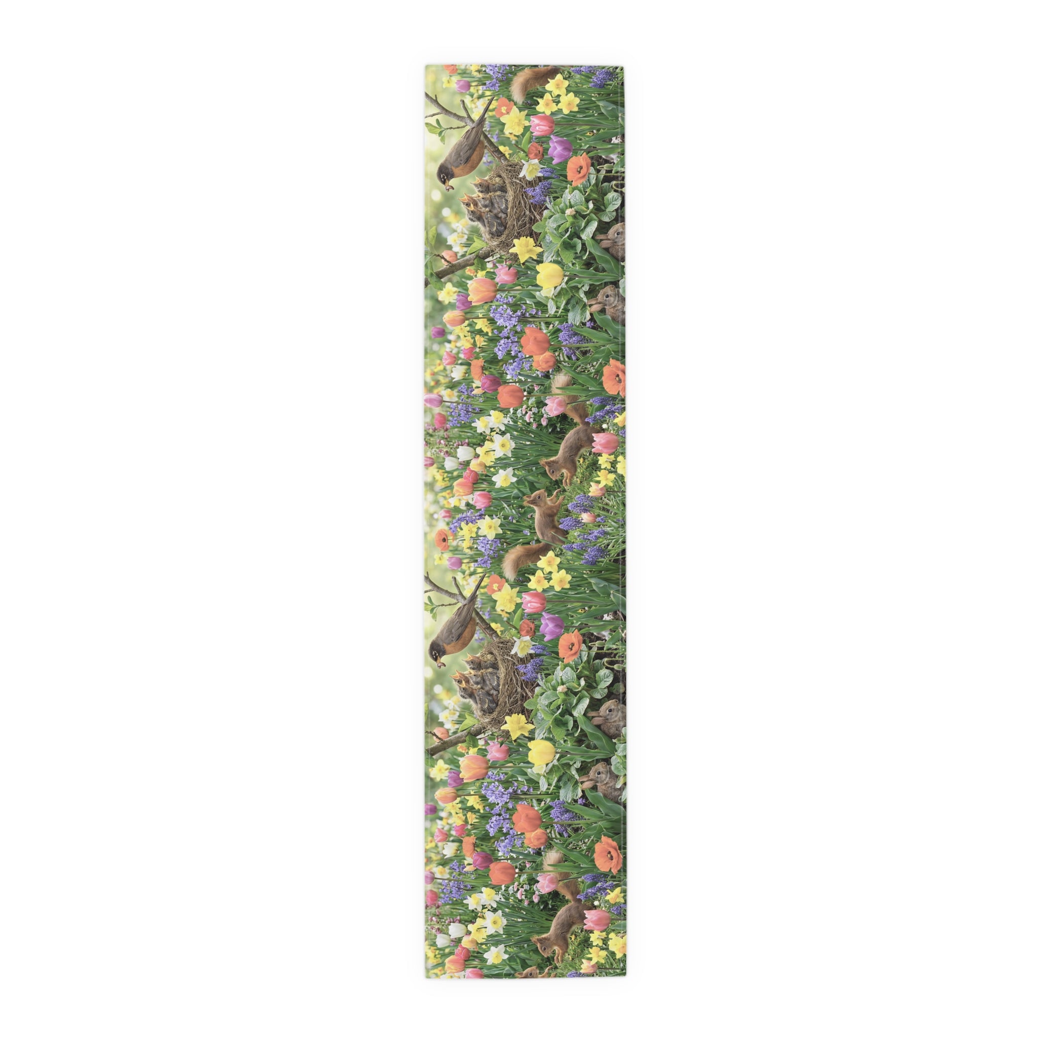 Spring Garden Birds Table Runner / Floral Tulip & Daffodil Dining Decor