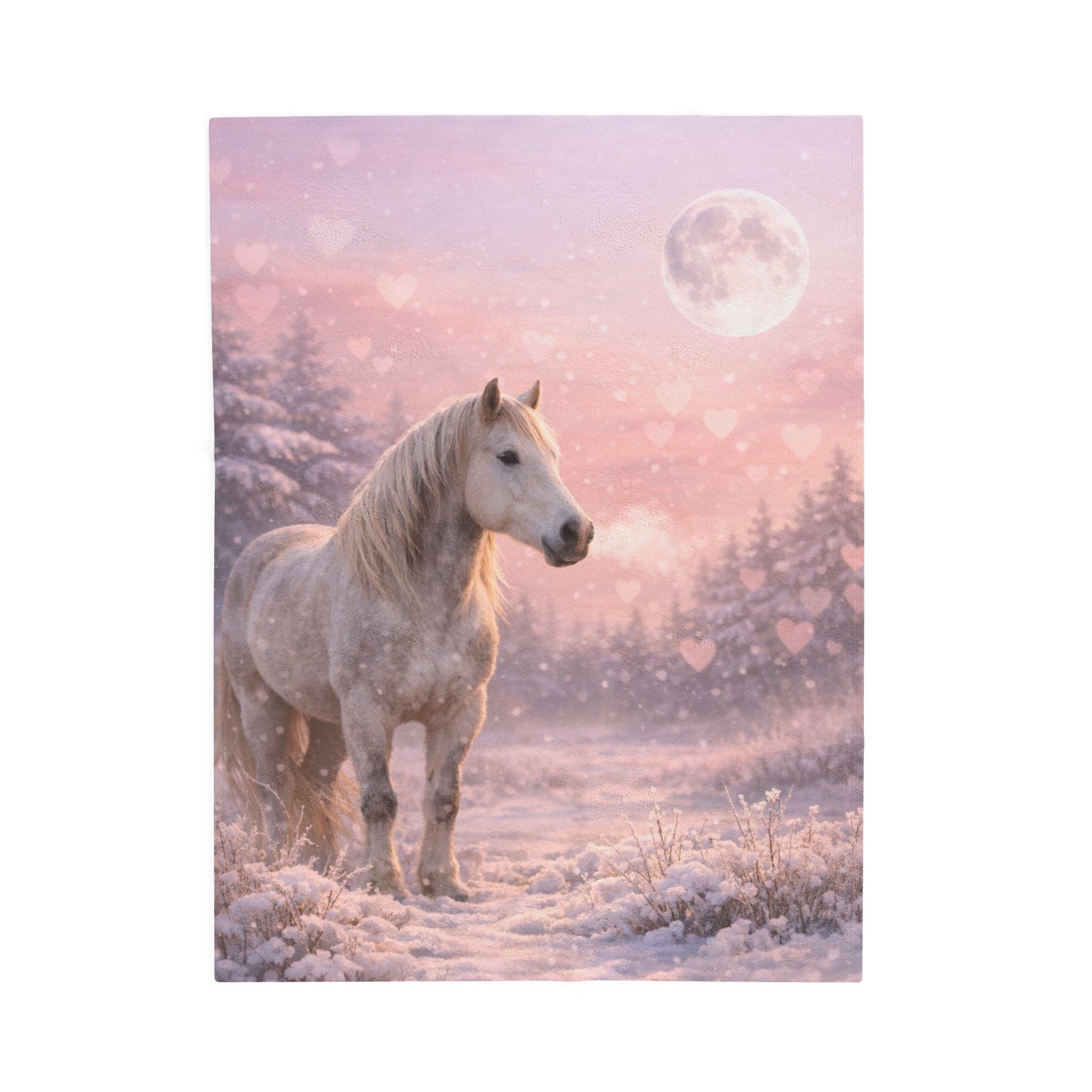 White Horse in Pink Winter Moonlight Blanket | Magical Snowy Forest