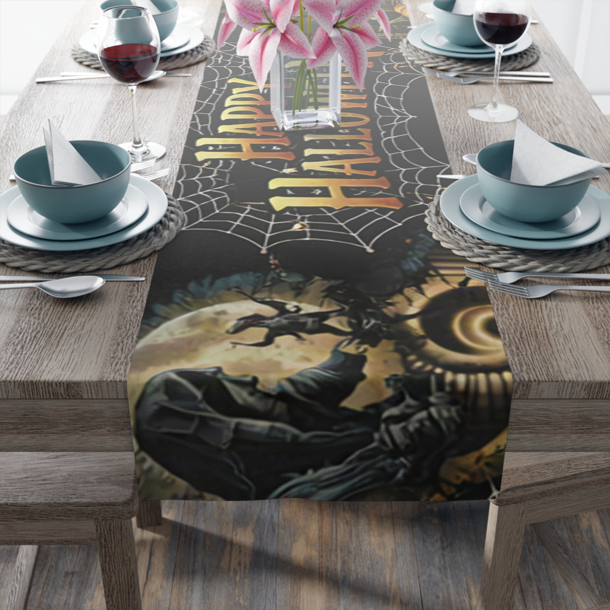 Halloween Spiderweb Table Runner | Full Moon, Bats & Vintage Illustration – Spooky Table Decor