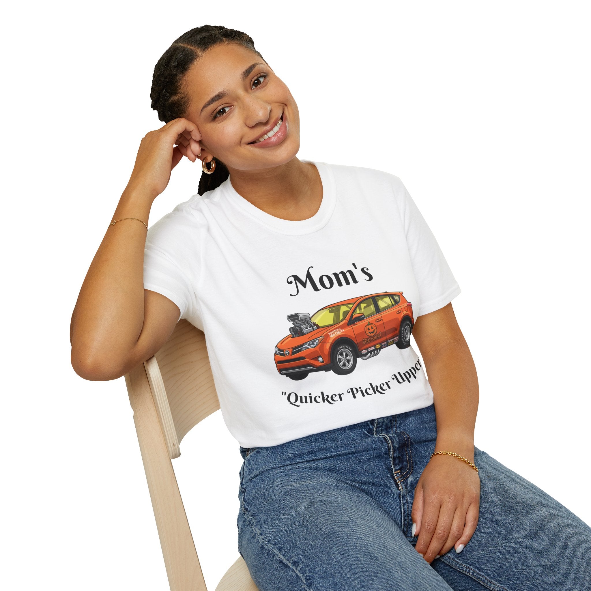Car Enthusiast T-Shirt — Orange Hot Rod SUV Graphic with “Quicker Picker Upper”