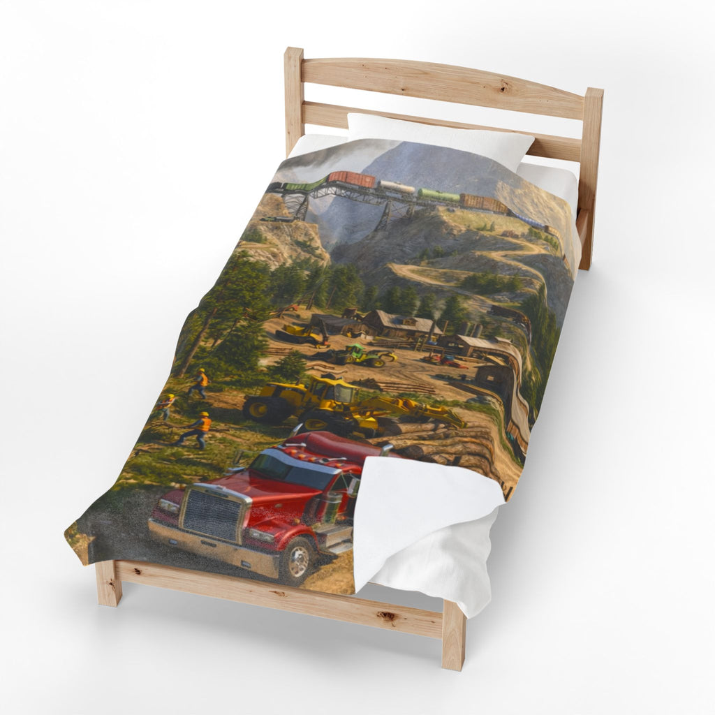 Red Tractor Logging Scene Velveteen Plush Blanket | Quarry Train Illustration
