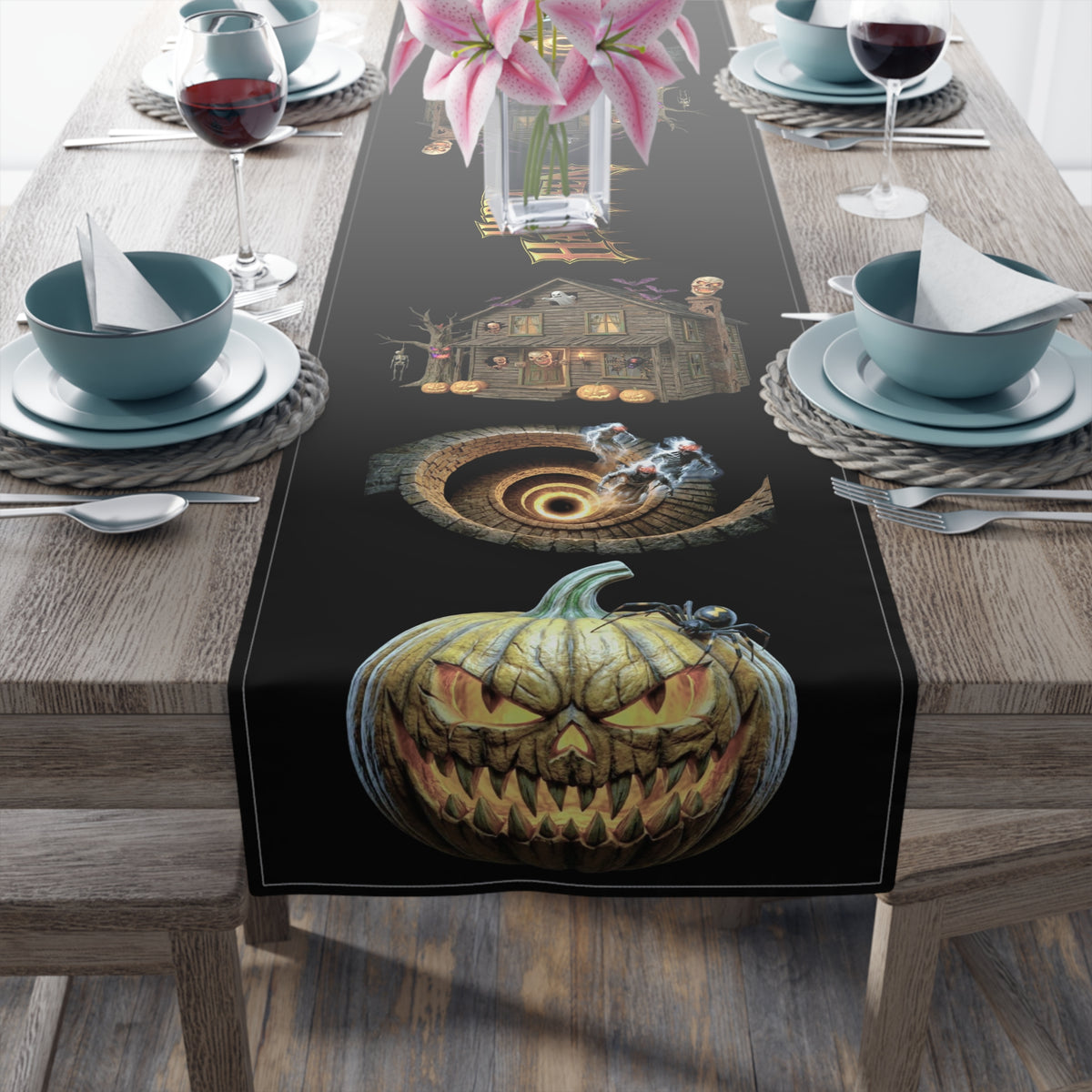 Jack-O'-Lantern & Haunted House Table Runner | Vintage Halloween Storybook Decor