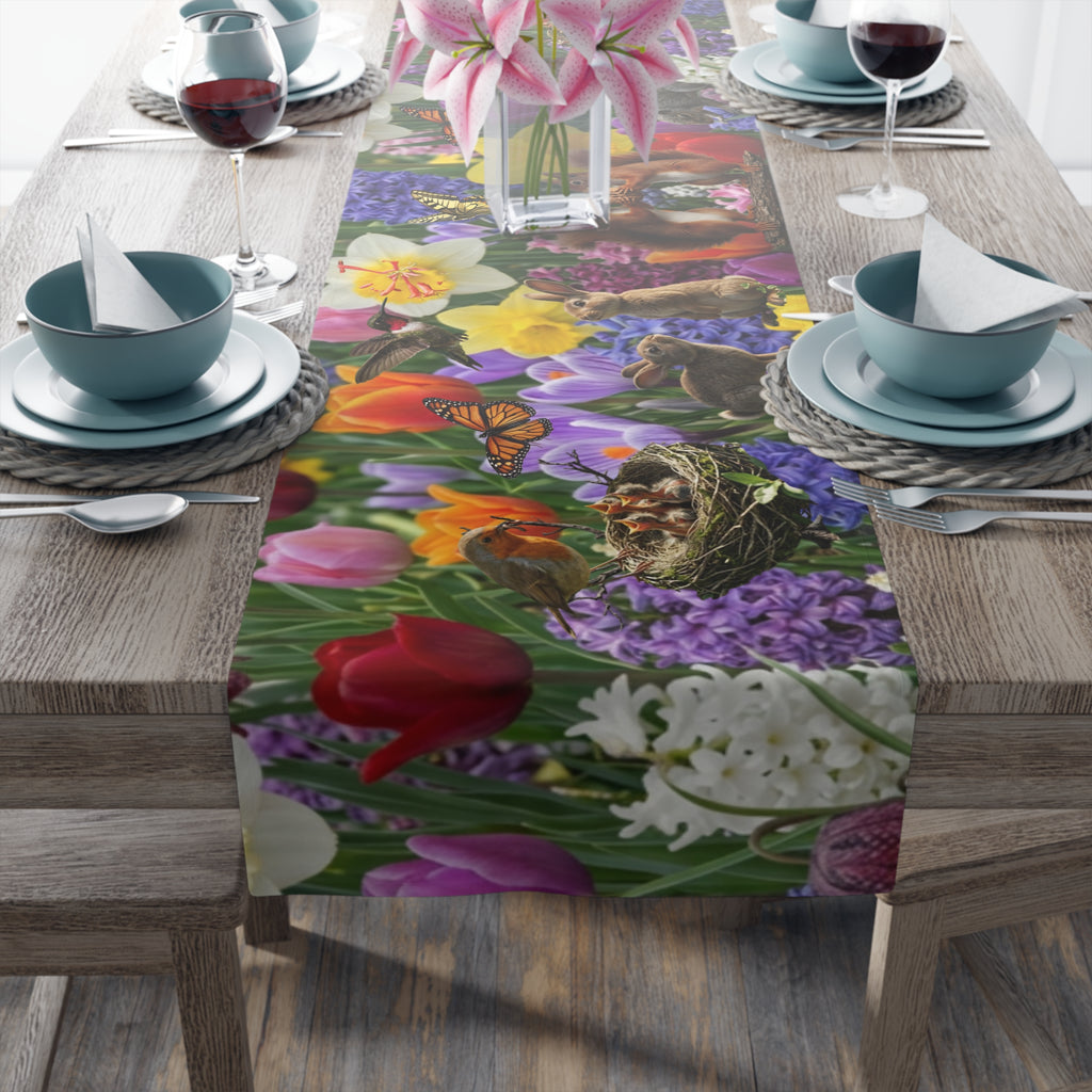 Spring Garden Birds Table Runner | Floral Tulip & Daffodil Dining Decor