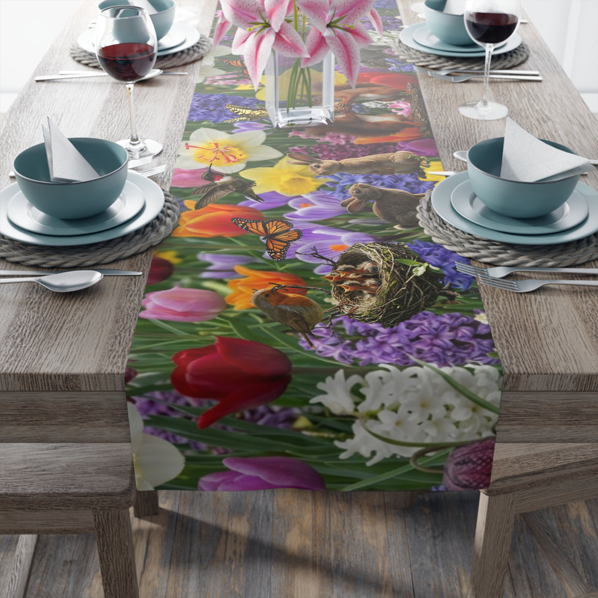 Spring Garden Birds Table Runner | Floral Tulip & Daffodil Dining Decor
