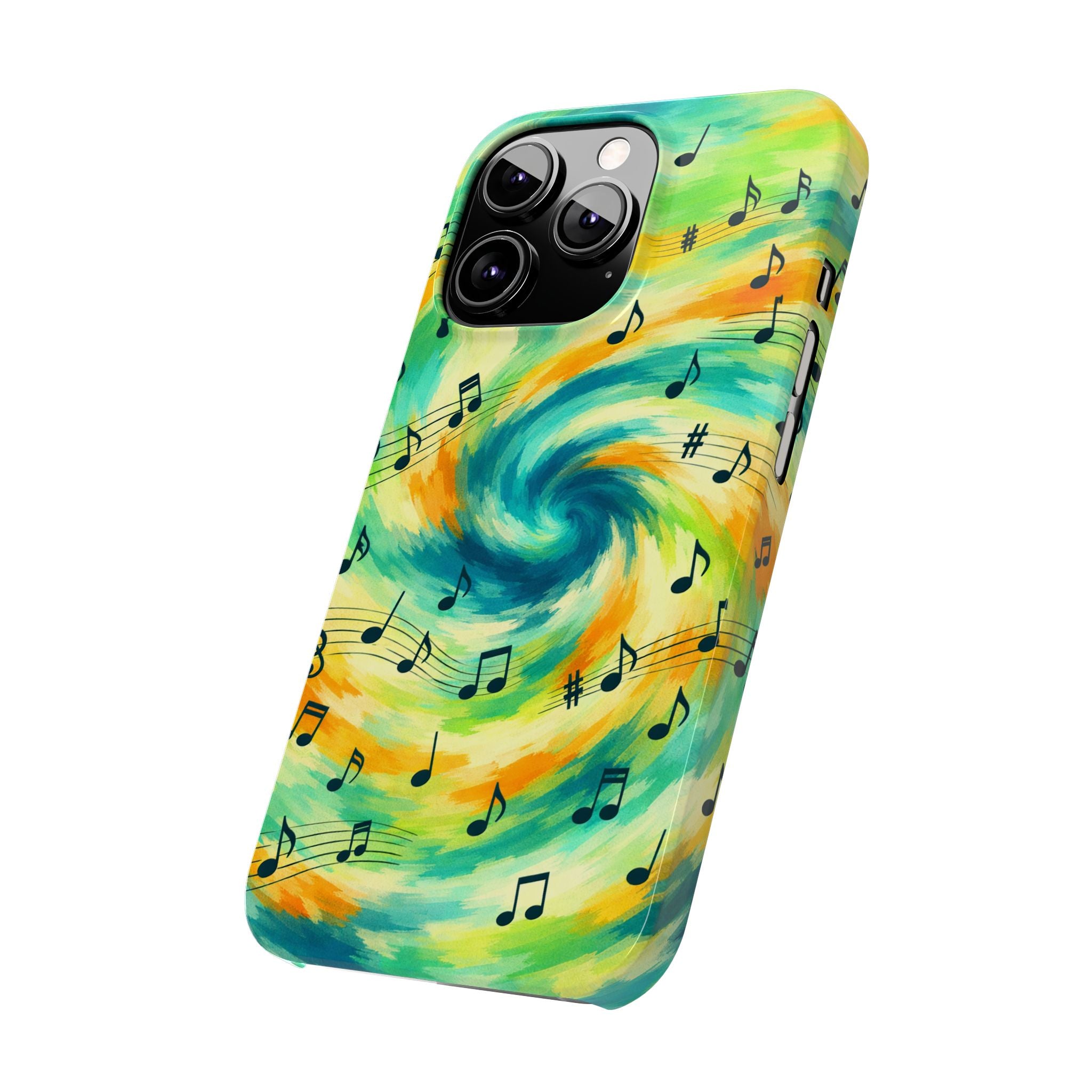 Music Notes Swirl Slim Phone Case | Colorful Turquoise Yellow Galaxy
