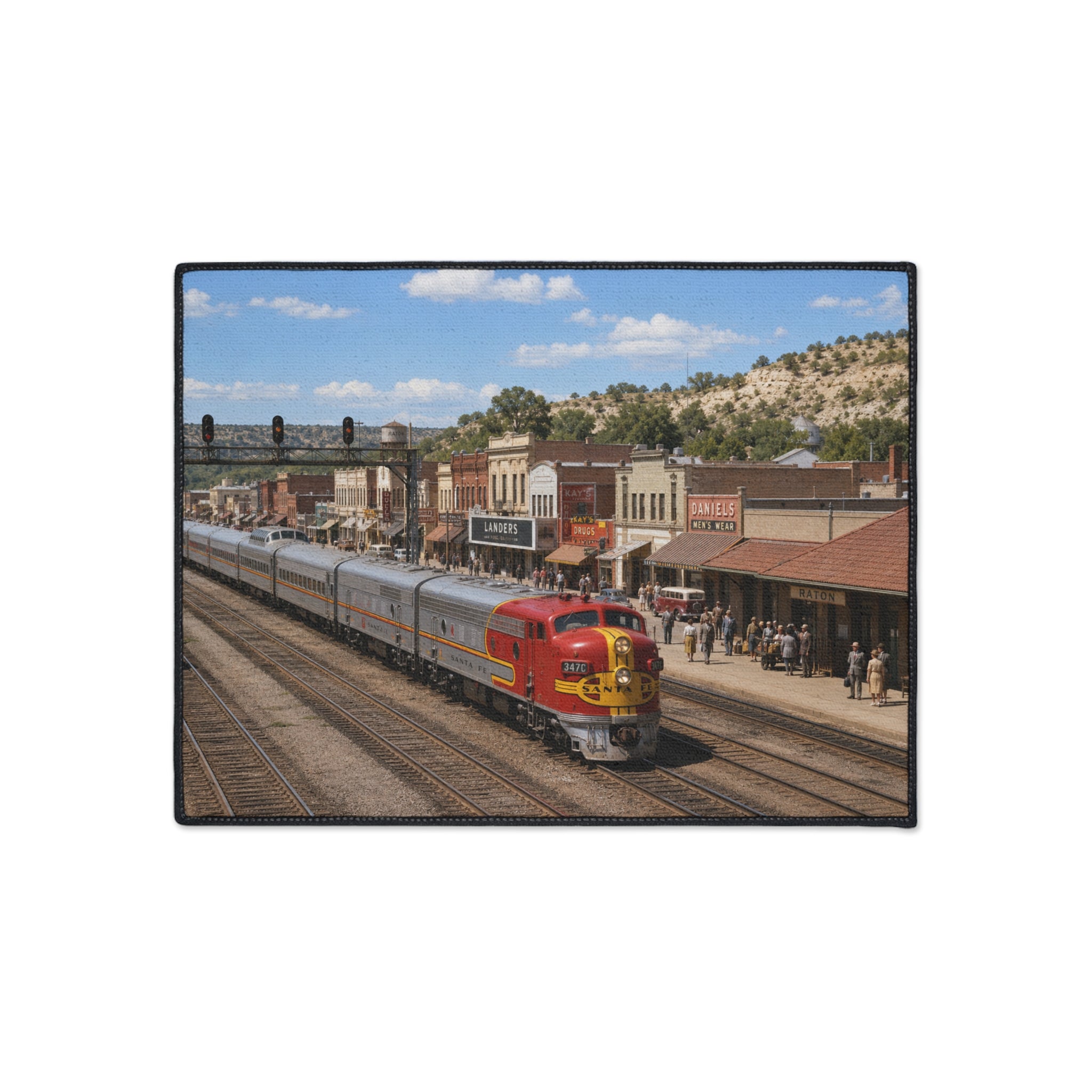 Vintage Streamlined Train Floor Mat | Retro Passenger Locomotive Station Scene